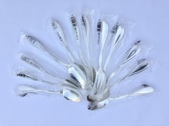 French Christofle Silver Plated Galea Set of 12 Soup or Serving Spoons, New, Box