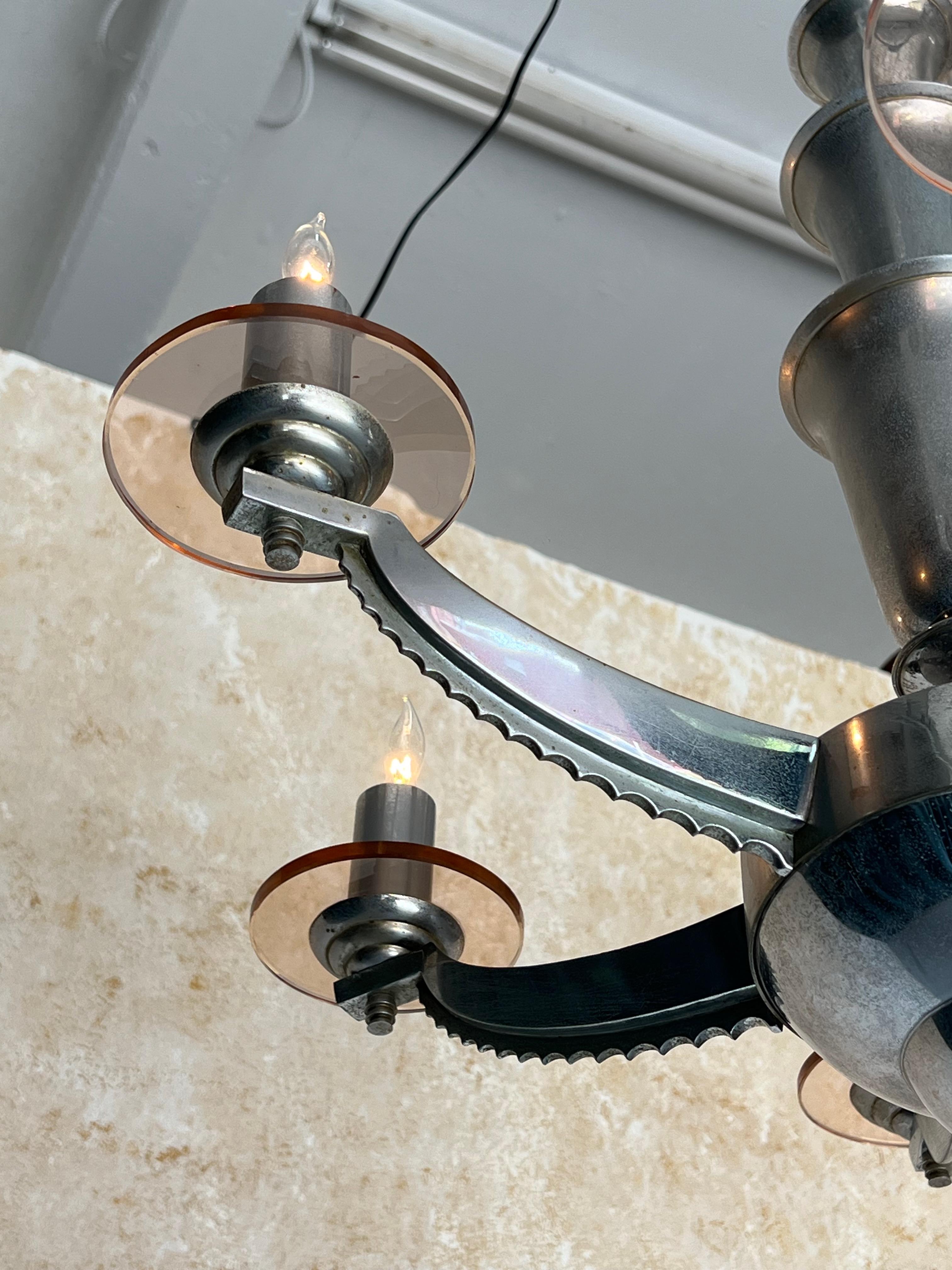 Lampadario francese in cromo e vetro Art Deco di H. H. Petitot in vendita 5