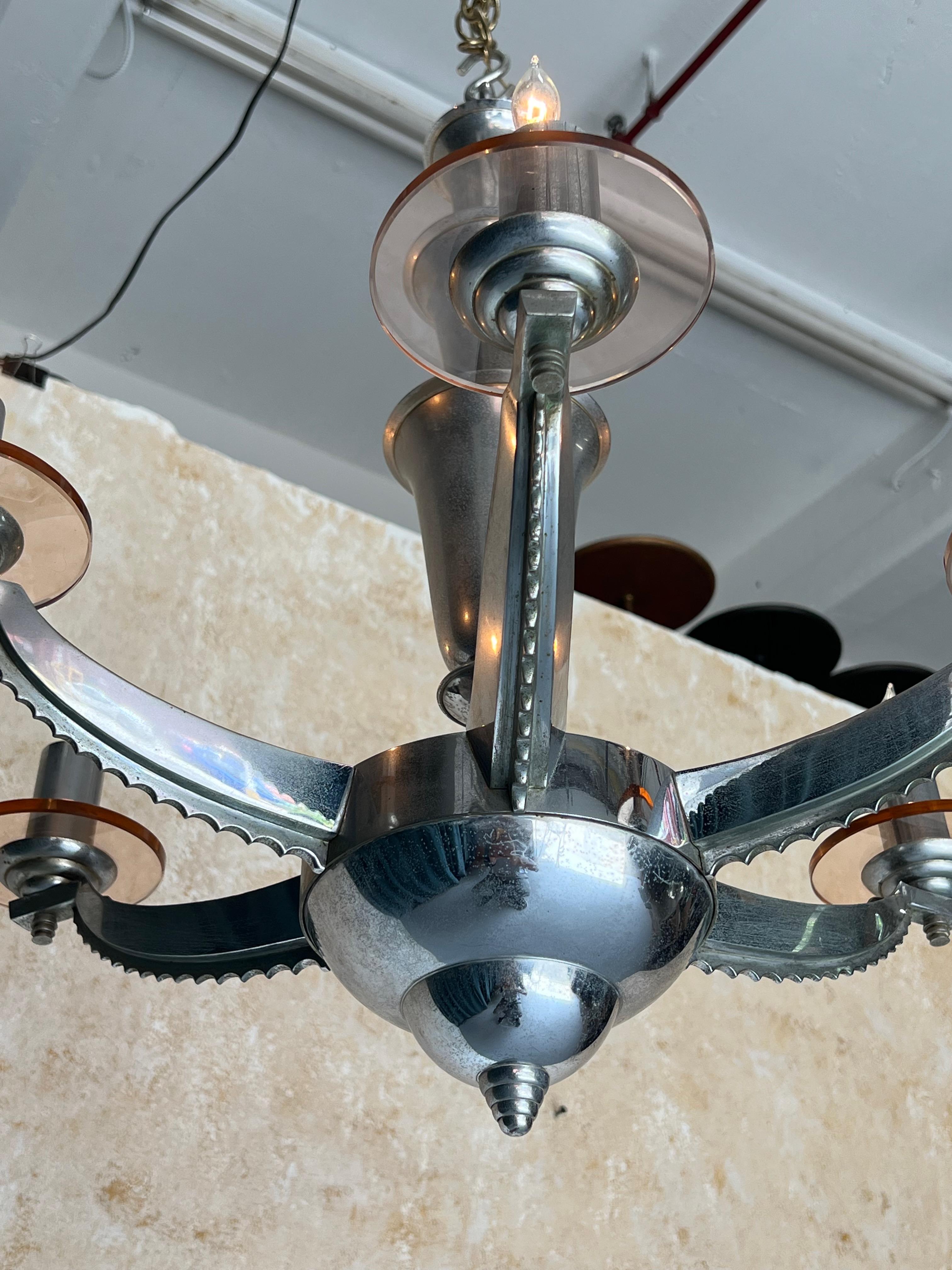 Lampadario francese in cromo e vetro Art Deco di H. H. Petitot in vendita 6