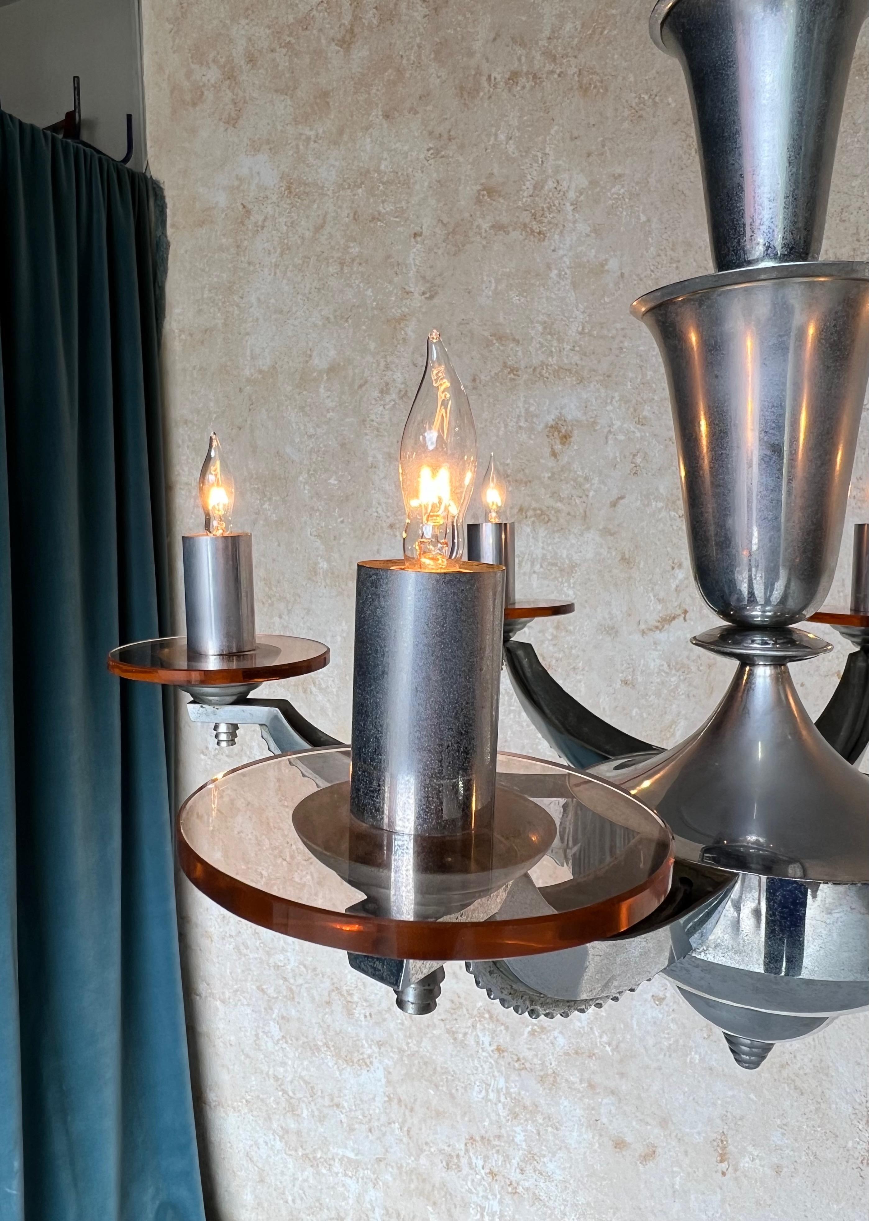 Lampadario francese in cromo e vetro Art Deco di H. H. Petitot in vendita 8