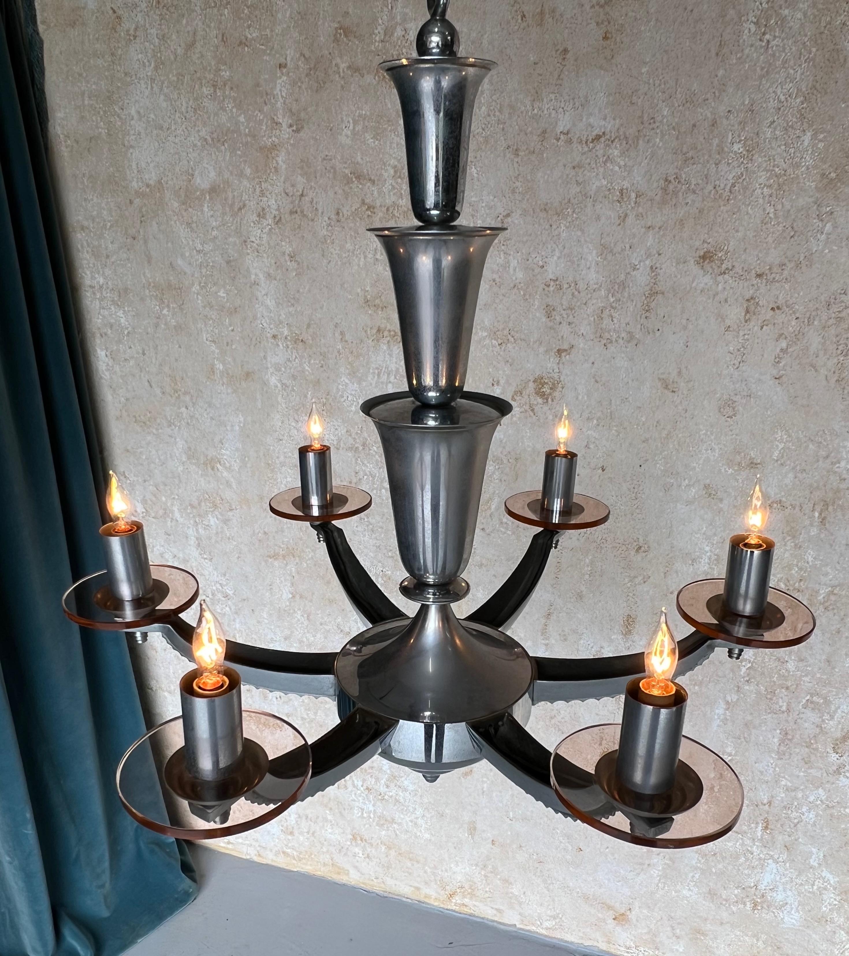Lampadario francese in cromo e vetro Art Deco di H. H. Petitot in vendita 10
