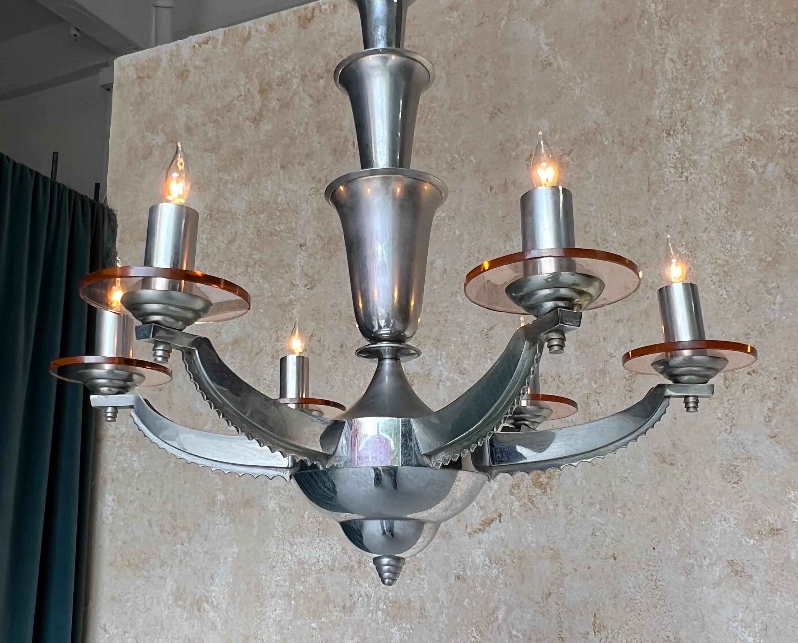 Lampadario francese in cromo e vetro Art Deco di H. H. Petitot in vendita 11