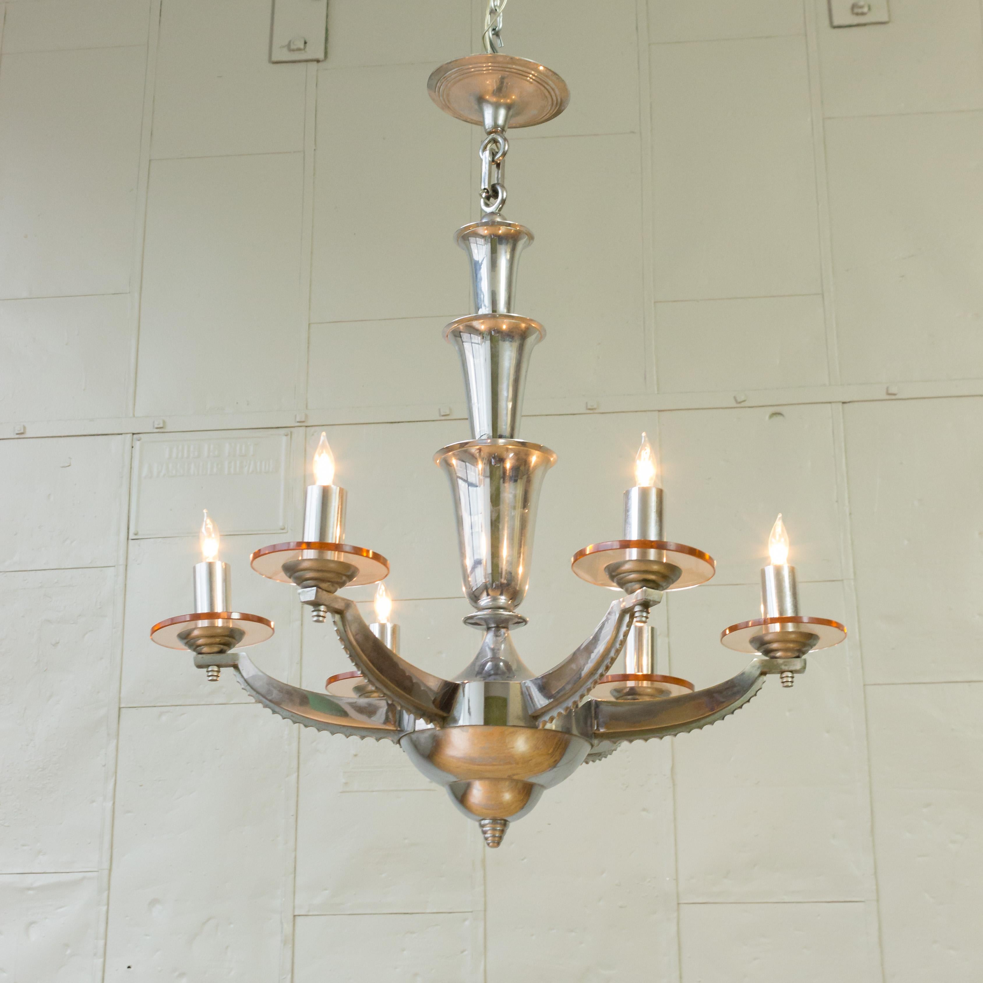Lampadario francese in cromo e vetro Art Deco di H. H. Petitot in vendita 12