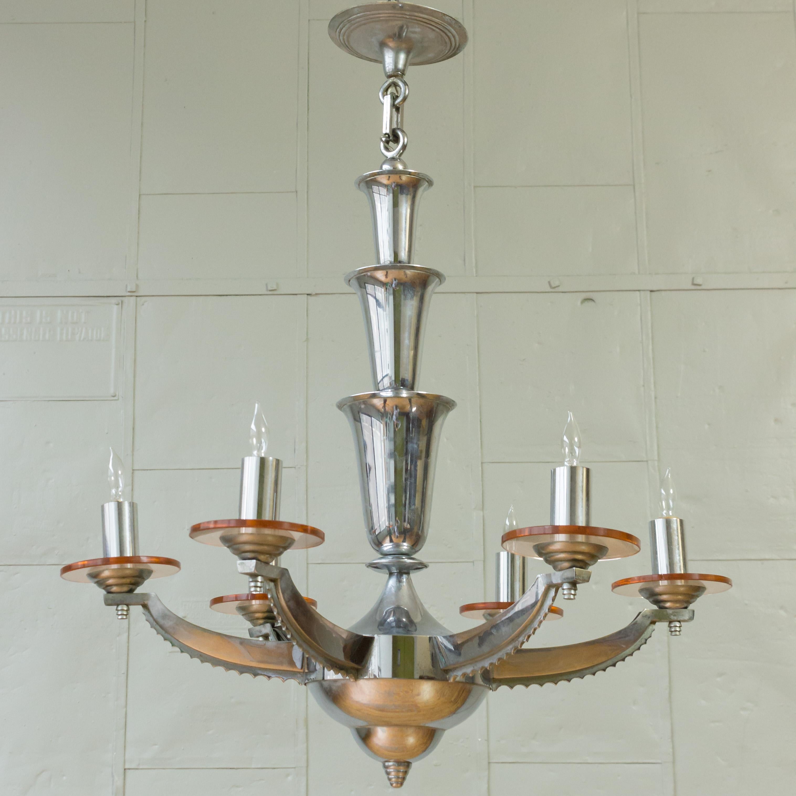 Lampadario francese in cromo e vetro Art Deco di H. H. Petitot in vendita 13