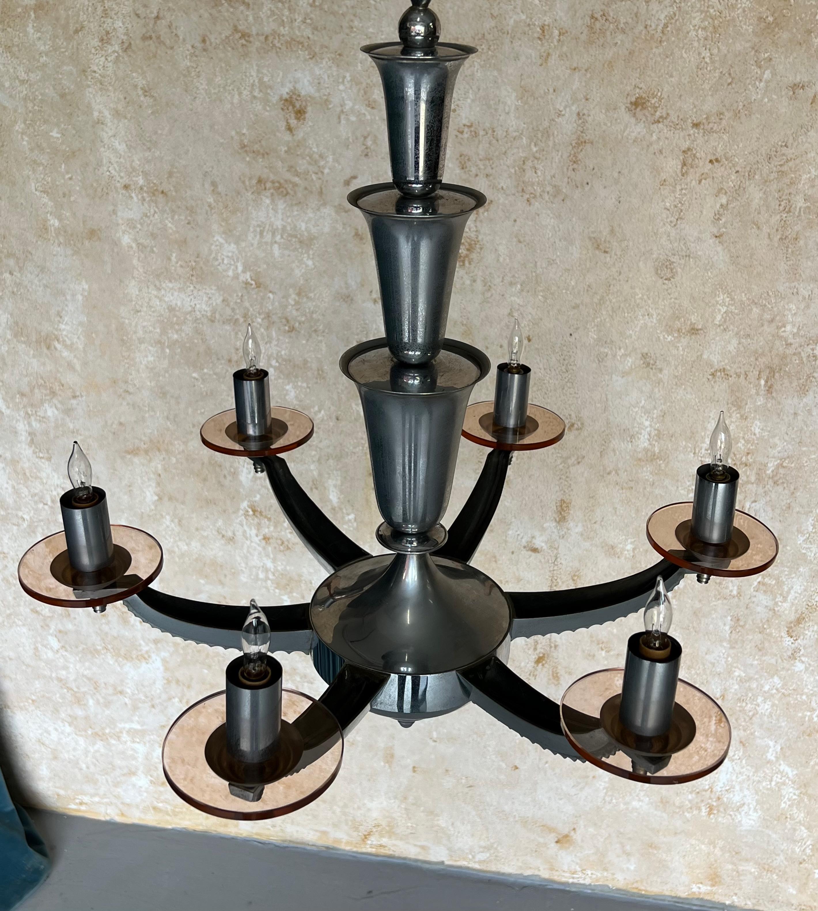 Vetro Lampadario francese in cromo e vetro Art Deco di H. H. Petitot in vendita