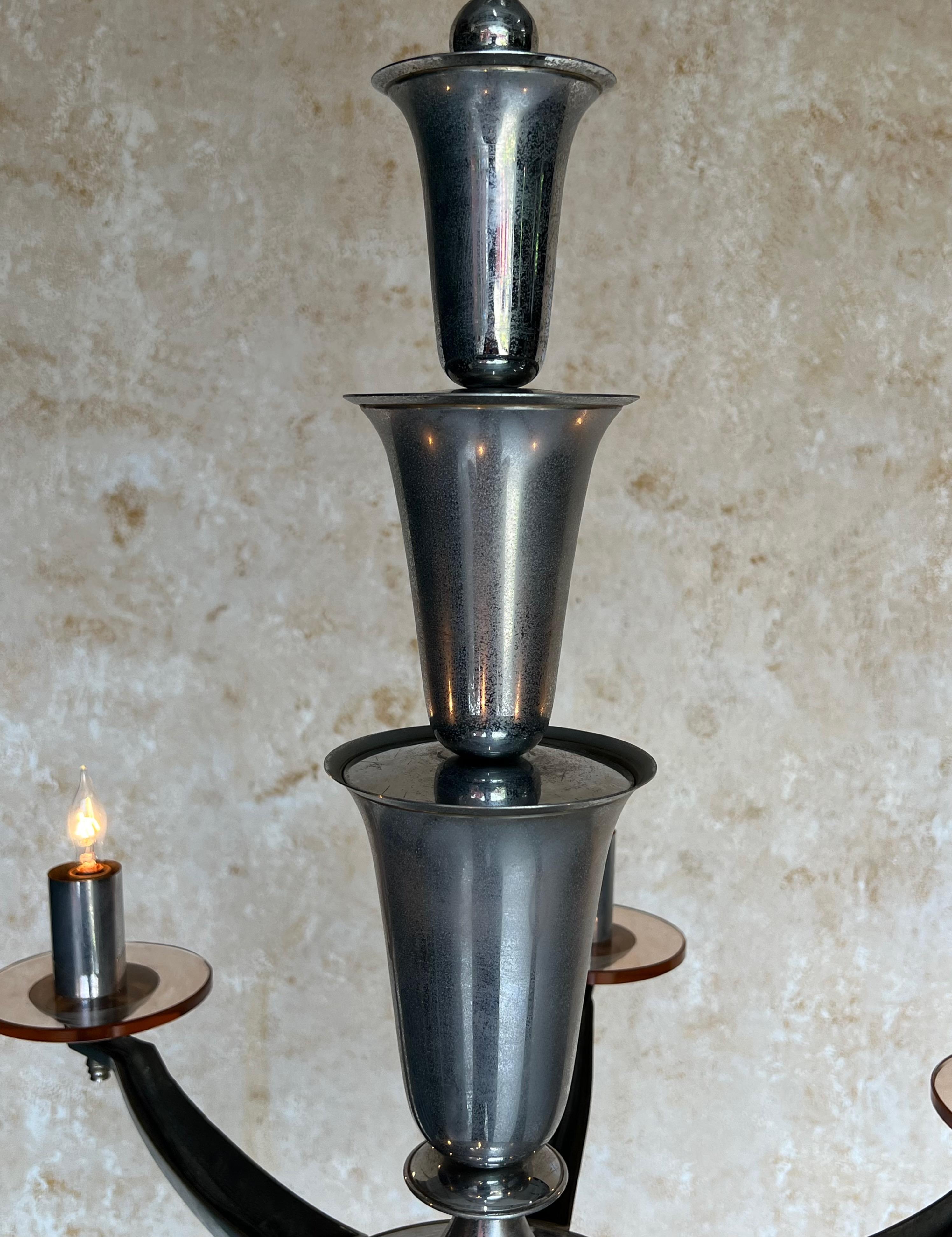 Lampadario francese in cromo e vetro Art Deco di H. H. Petitot in vendita 2