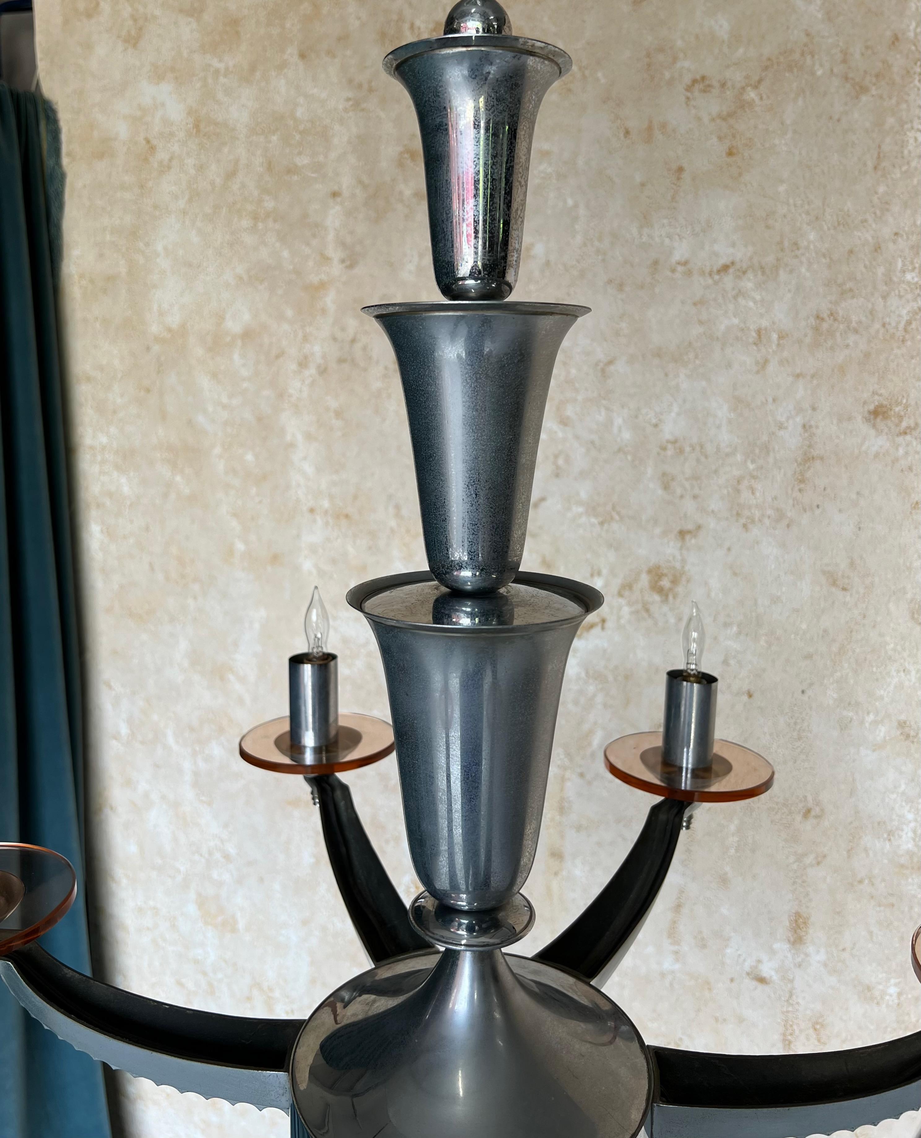 Lampadario francese in cromo e vetro Art Deco di H. H. Petitot in vendita 3