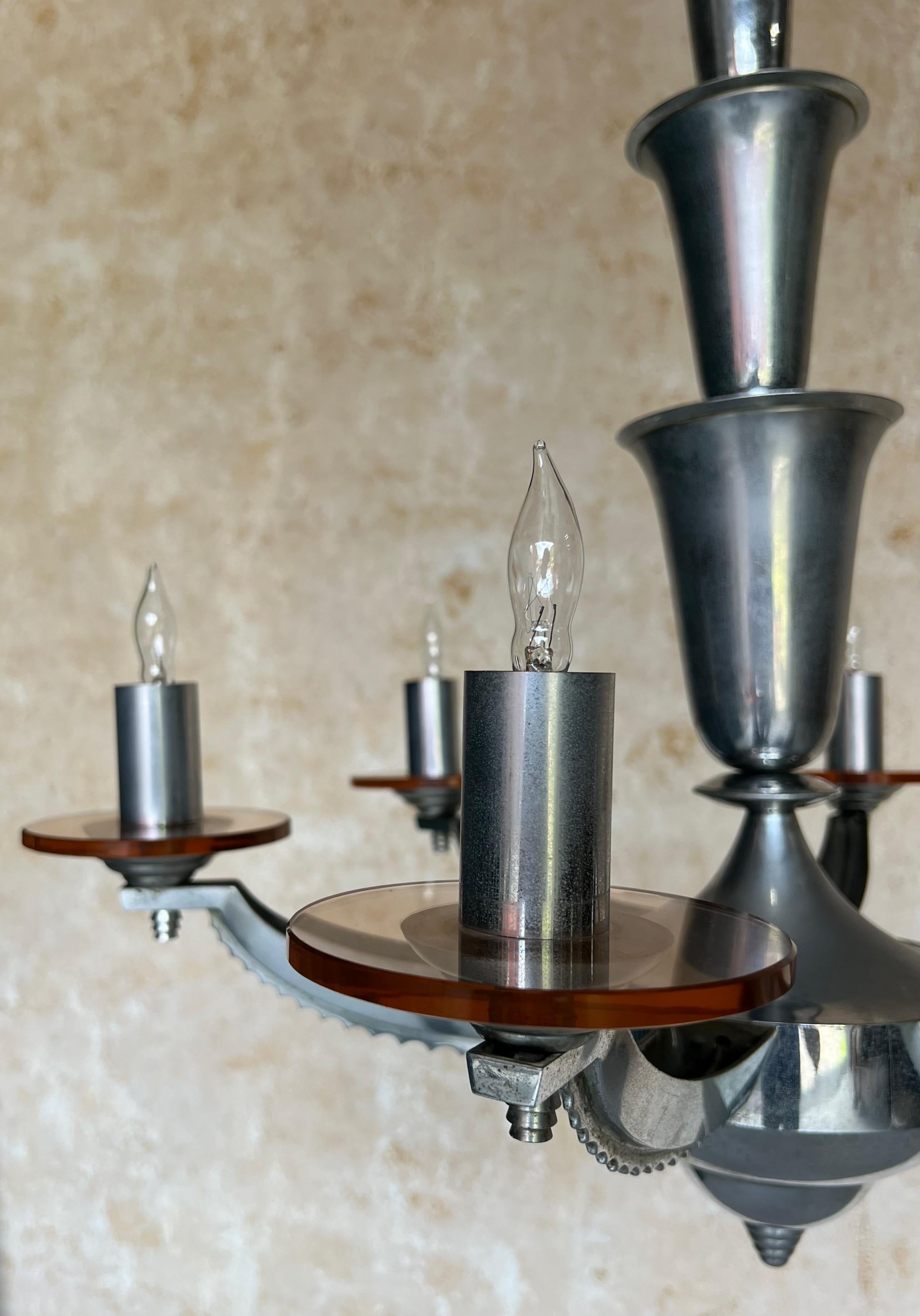 Lampadario francese in cromo e vetro Art Deco di H. H. Petitot in vendita 4