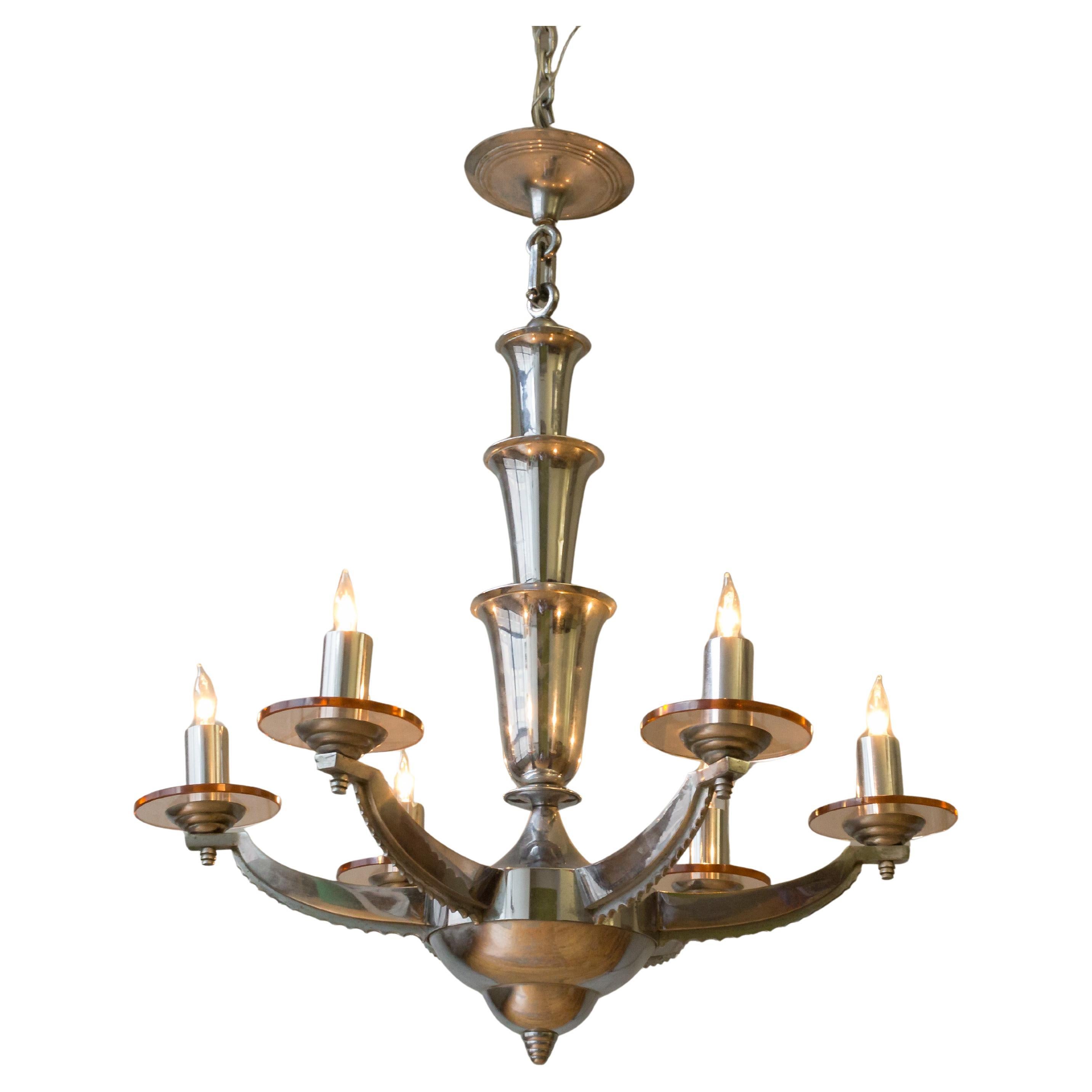 Lampadario francese in cromo e vetro Art Deco di H. H. Petitot in vendita