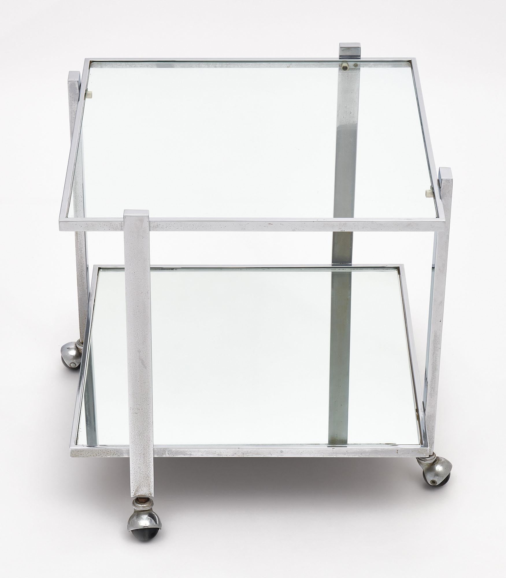 Brass French Chrome and Glass Side Table For Sale