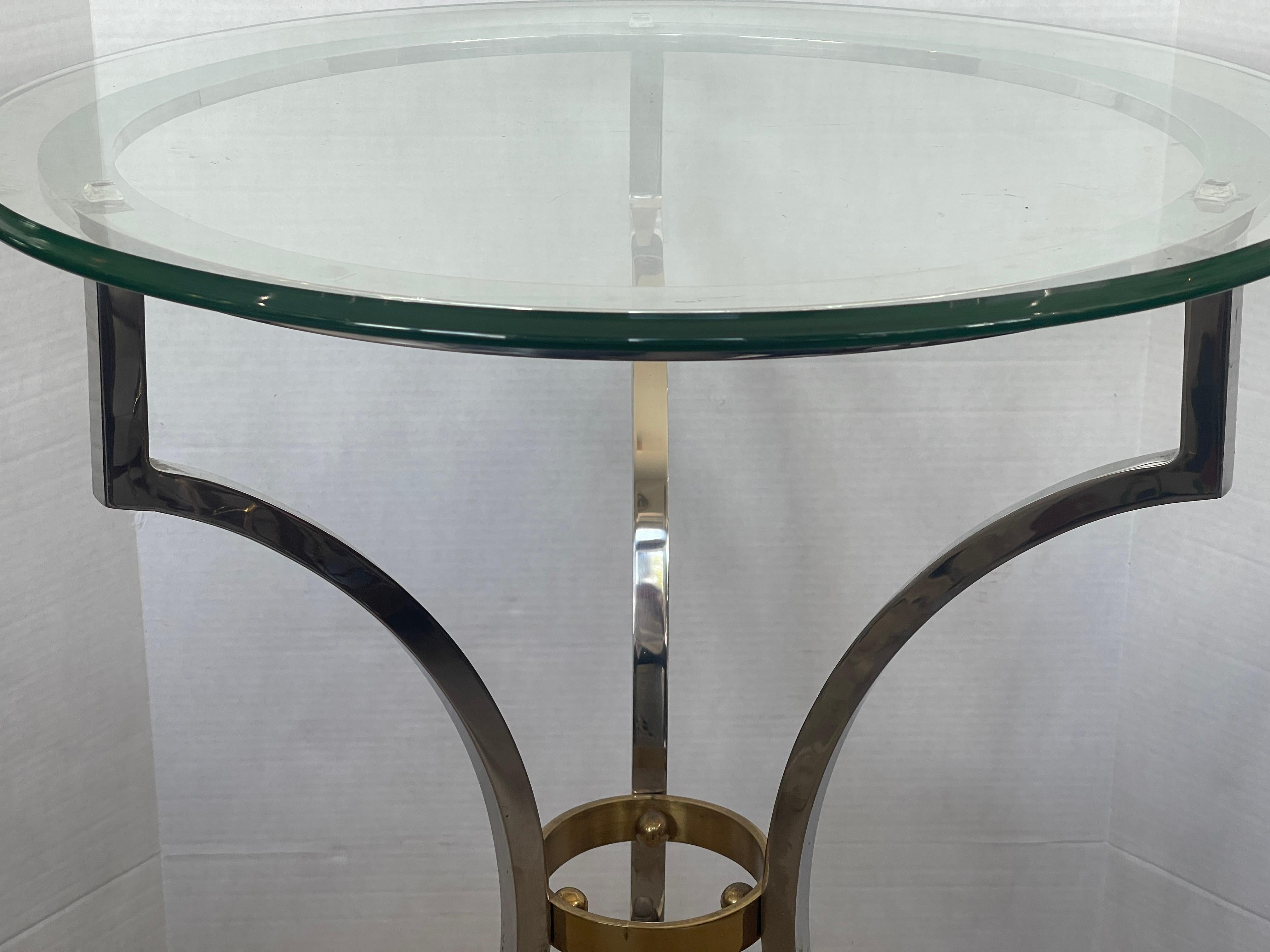 Hollywood Regency French  Chrome & Brass Guidon Table With Glass Top, Attri, to Mason Jansen, 1960