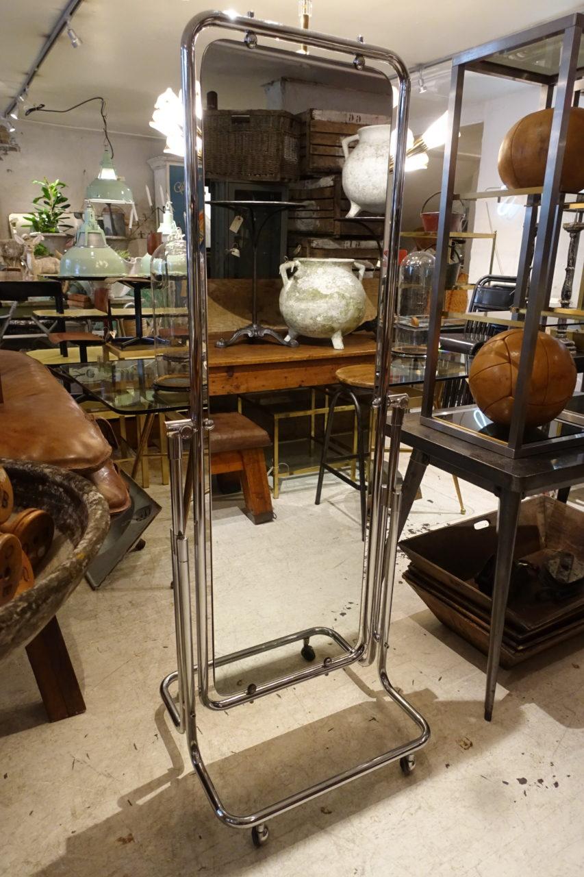 Elegant and supremely useful dressing full length mirror from 1960s, France. Chrome frame and original mirror glass. It is on wheels and has a tilting function as well. Provenance – a clothes boutique.