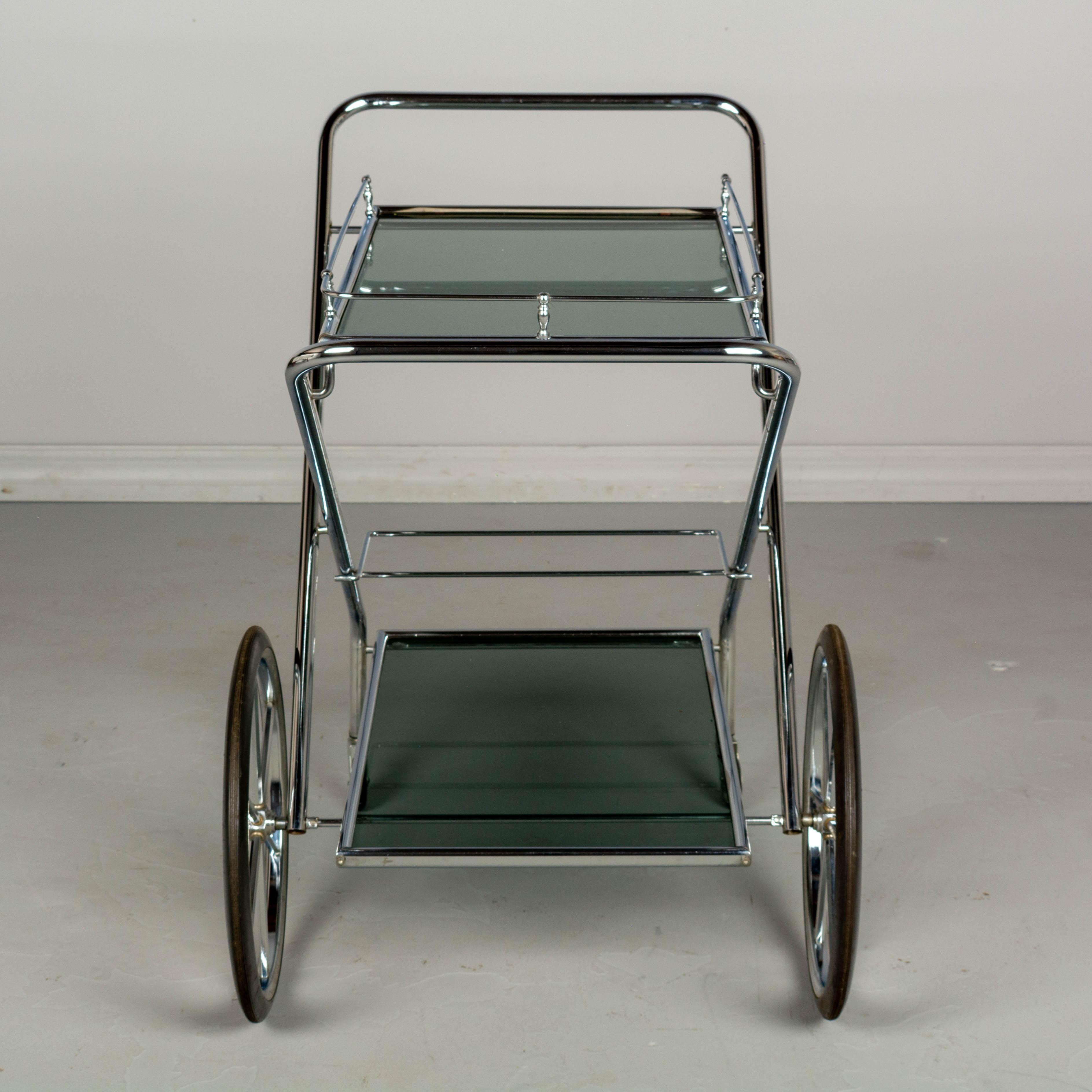 Mid-Century Modern French Chrome and Smoke Glass Folding Bar Cart For Sale
