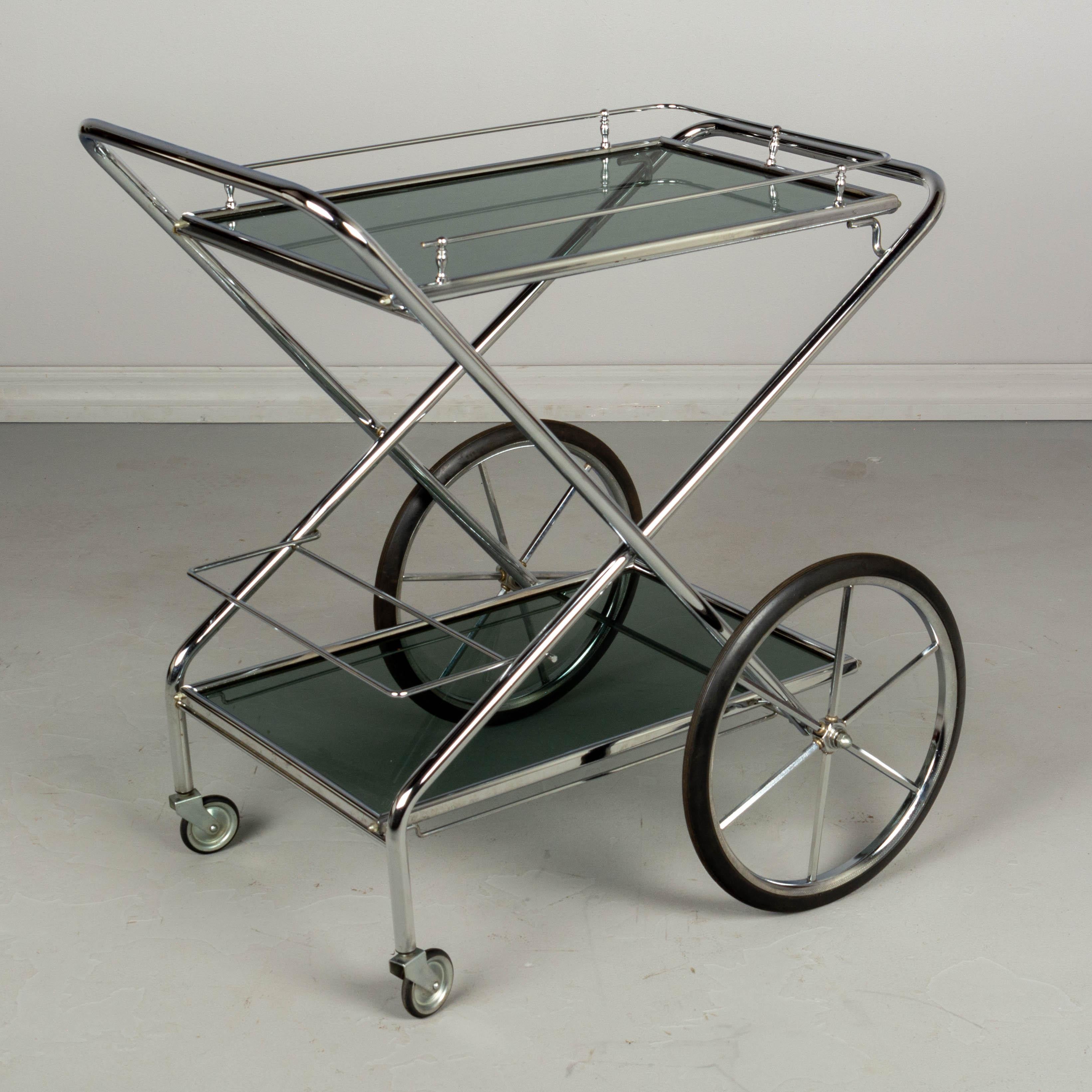 20th Century French Chrome and Smoke Glass Folding Bar Cart For Sale
