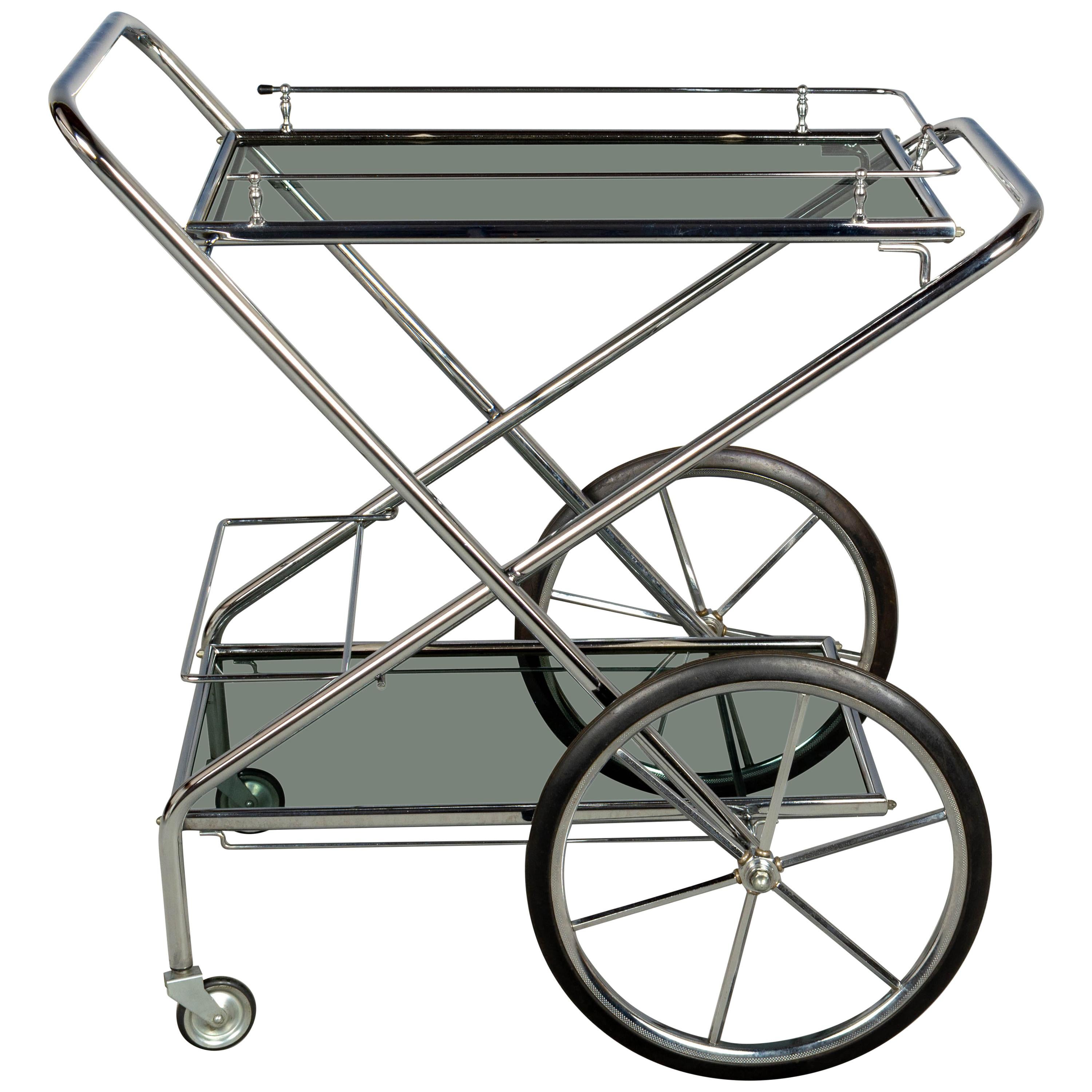 French Chrome and Smoke Glass Folding Bar Cart For Sale