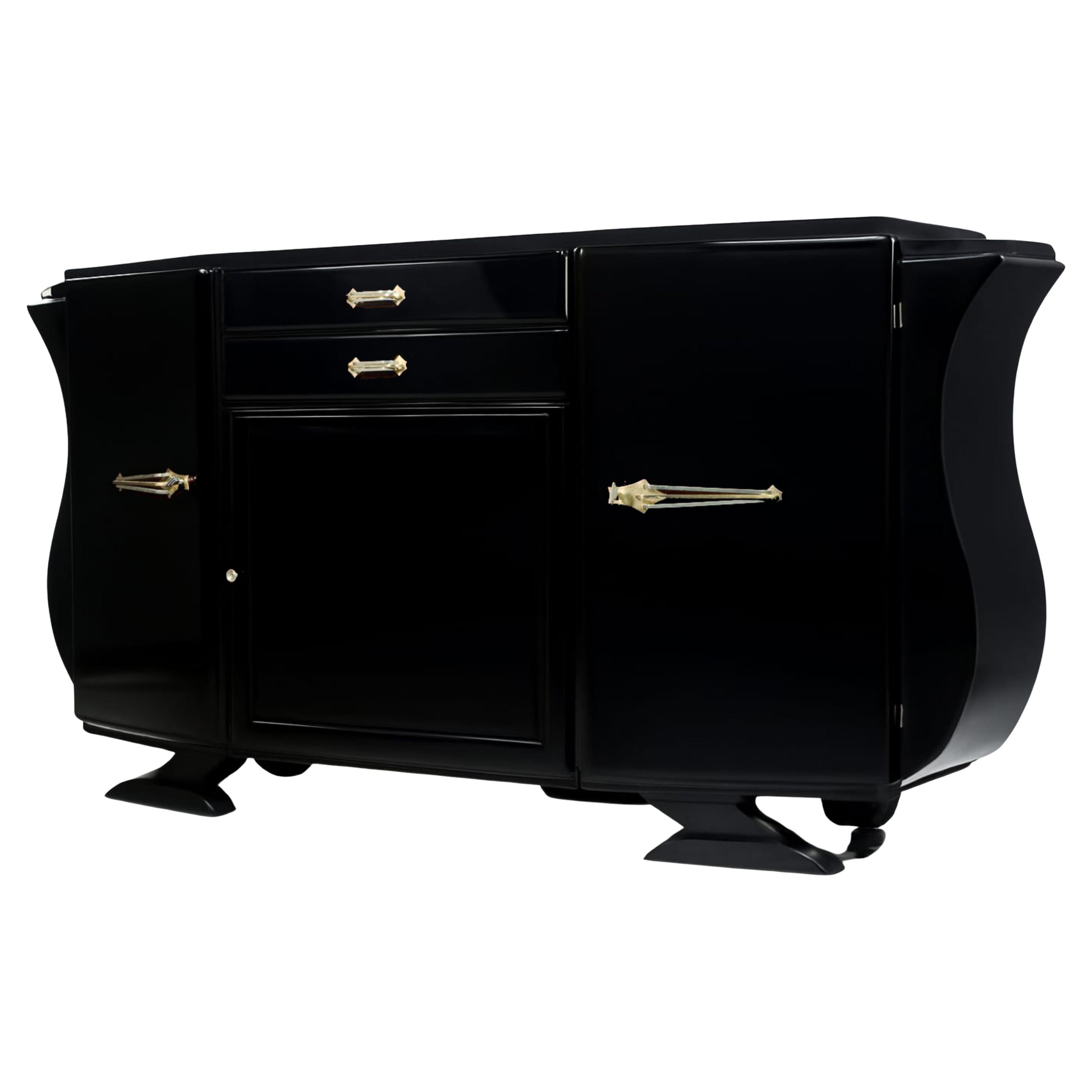 French Chromed Black Lacquer Art Deco Sideboard, 20th Century