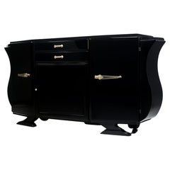 French Chromed Black Lacquer Art Deco Sideboard, 20th Century