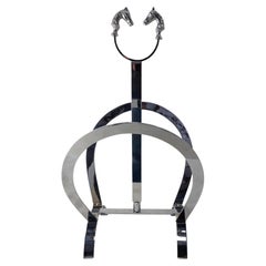 French Chromed Brass Shape Horseshoes and Horseheads Magazine Rack Stand c. 1970