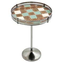 French Chromed Steel Pedestal Drinks Table with Gallery Edge & Ceramic Tiles Top