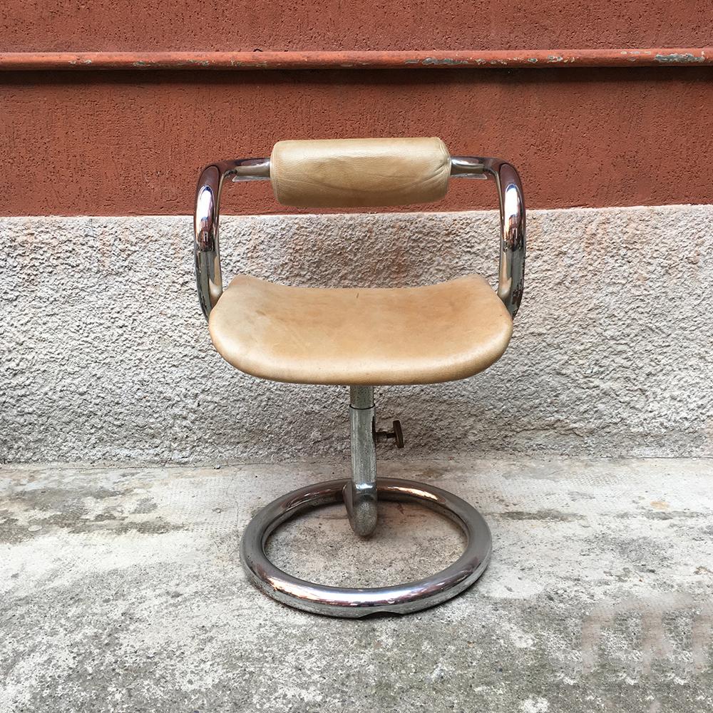 Late 20th Century French Chromed Steel Structure and Beige Leather Seat Chairs, 1970s