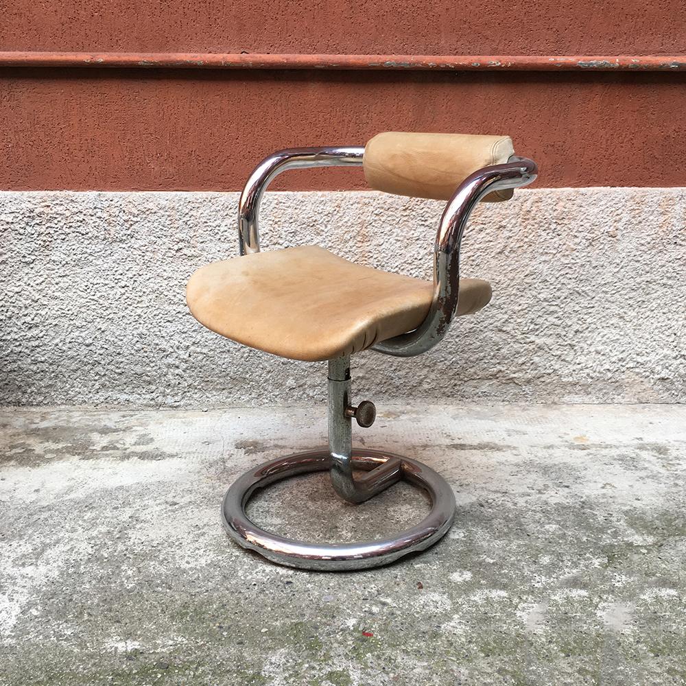 French Chromed Steel Structure and Beige Leather Seat Chairs, 1970s 1