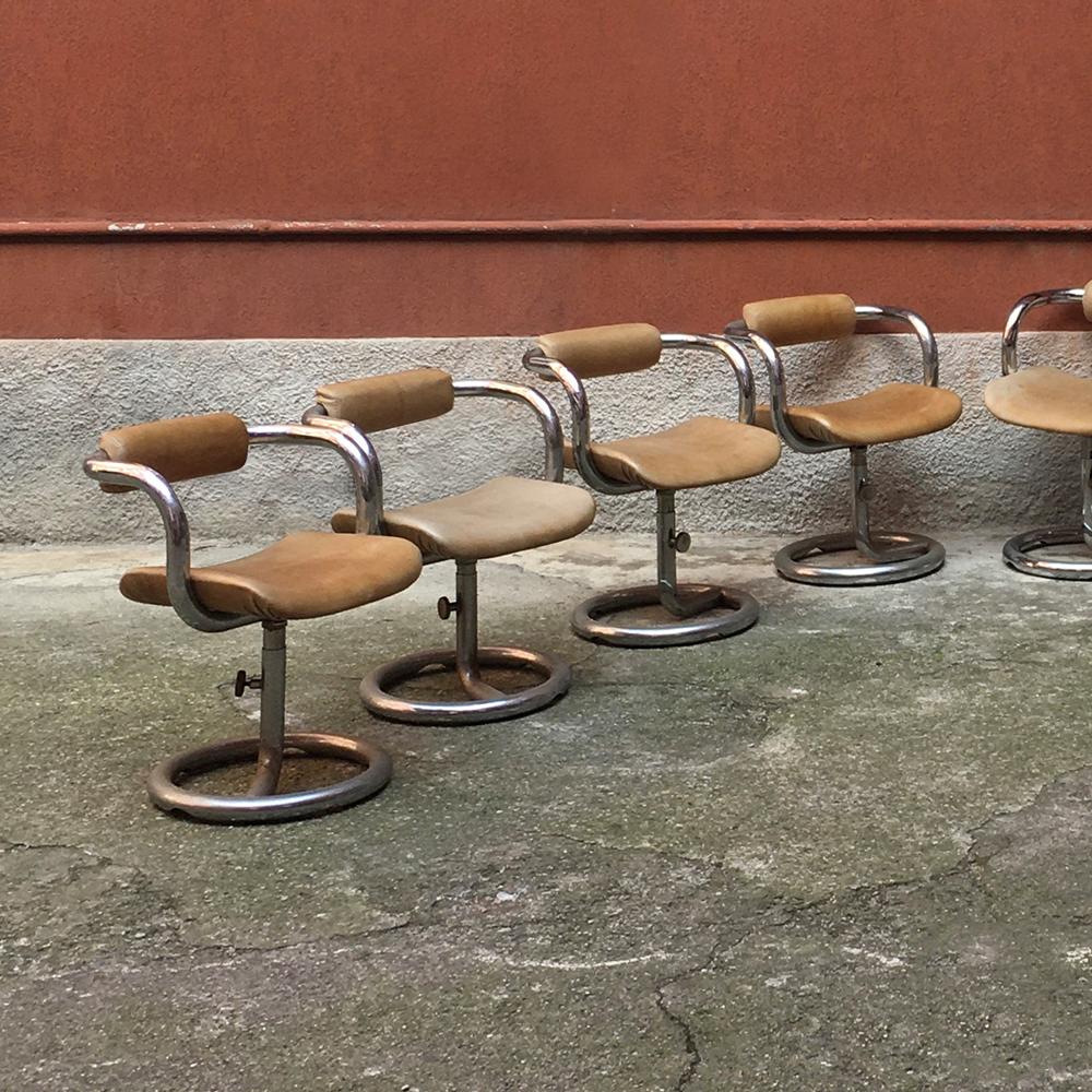 French Chromed Steel Structure and Beige Leather Seat Chairs, 1970s 2