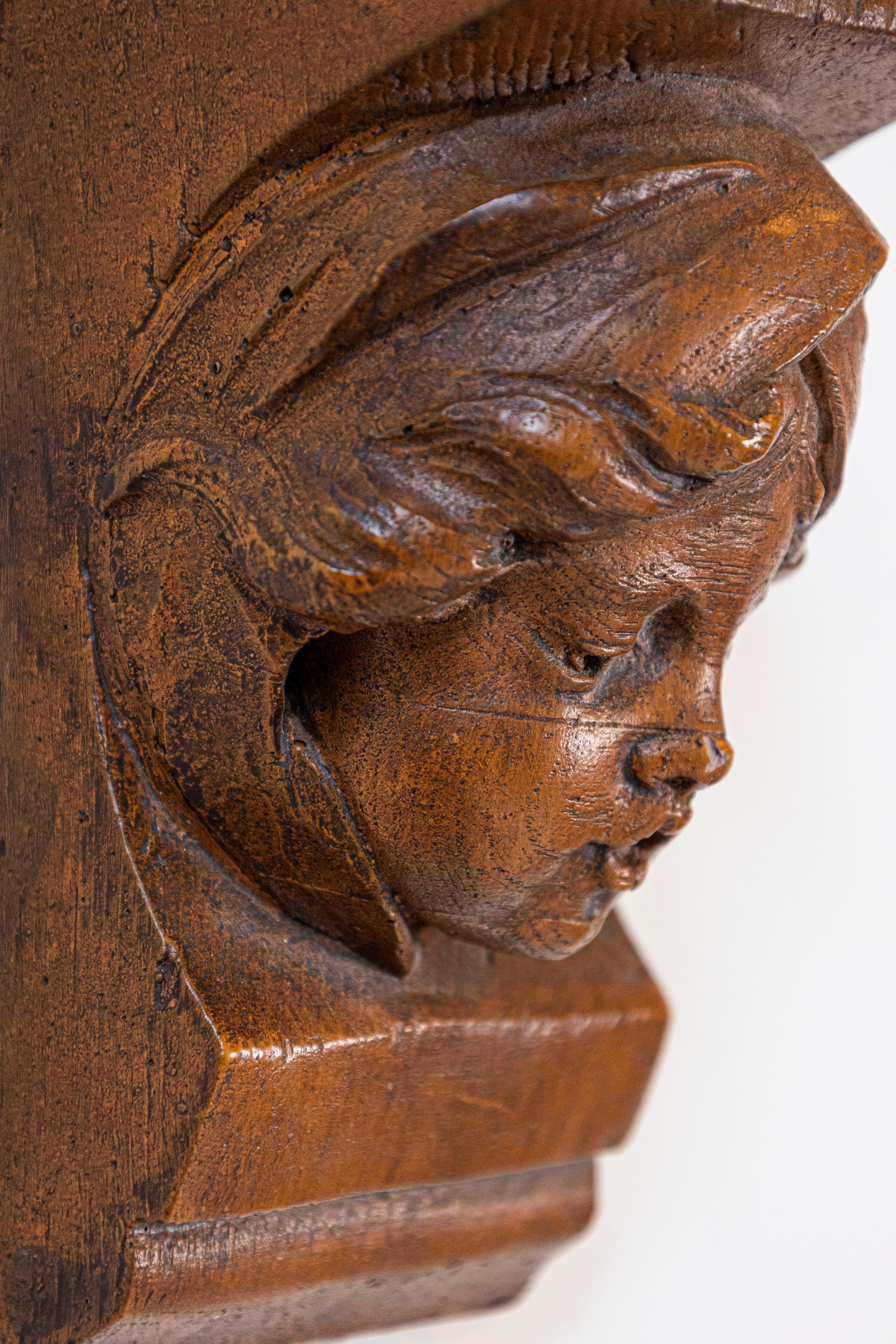 Hand-Carved French Chubby Angel Face Terracotta Wall Bracket, 20th Century For Sale