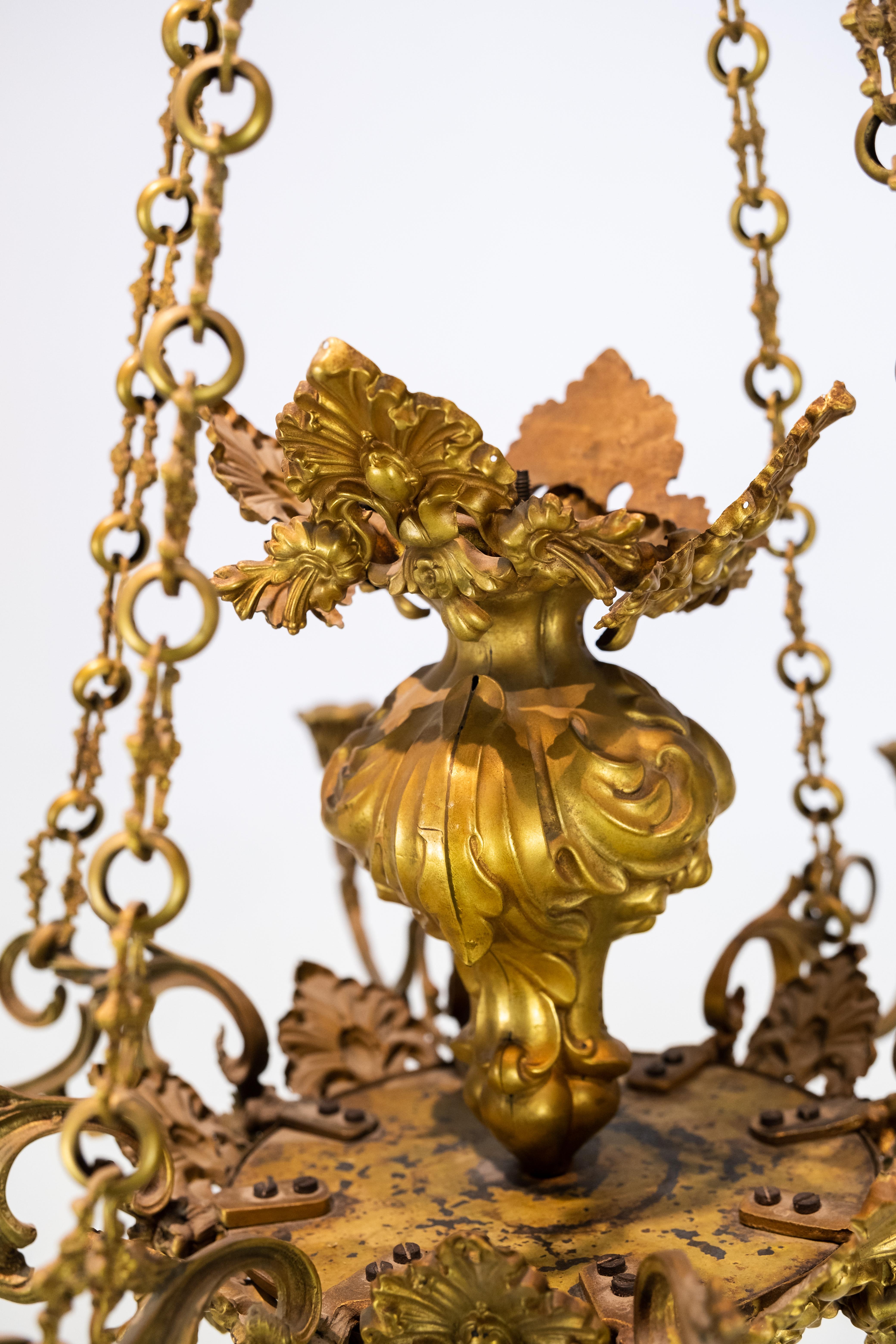 Late 19th Century French Church Chandelier of Bronze with Beautiful Decorations, 1880s
