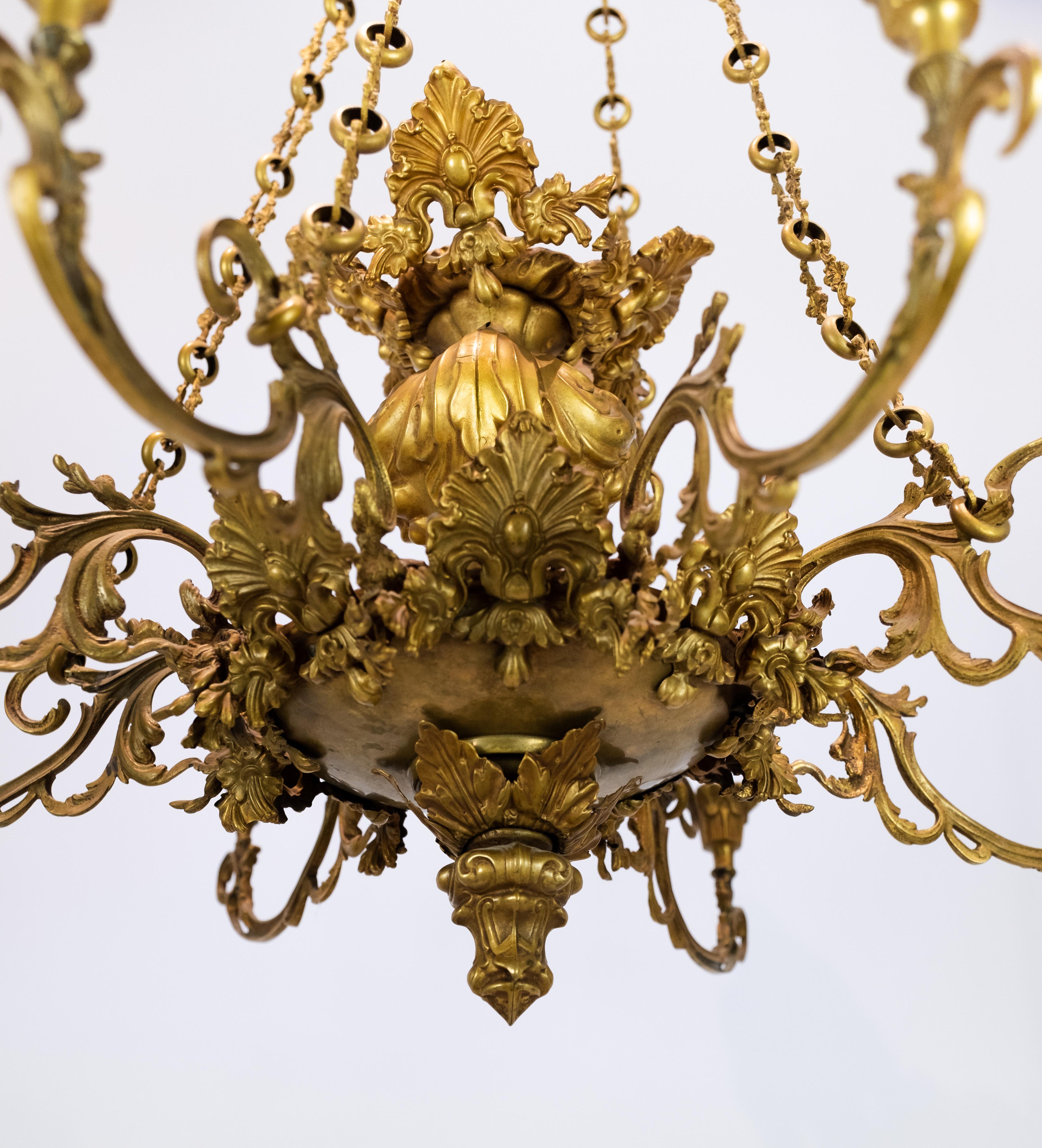 Brass French Church Chandelier of Bronze with Beautiful Decorations, 1880s