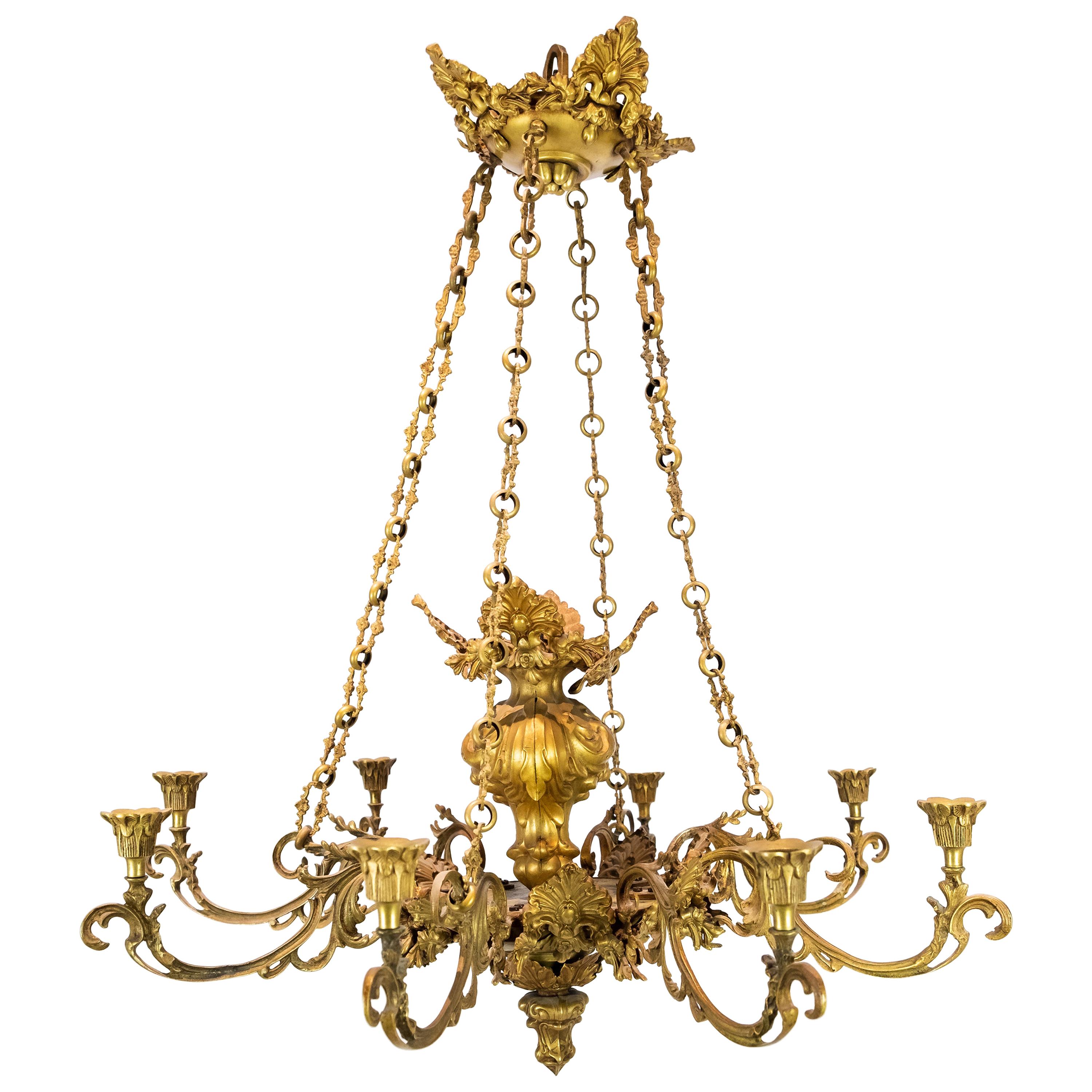 French Church Chandelier of Bronze with Beautiful Decorations, 1880s