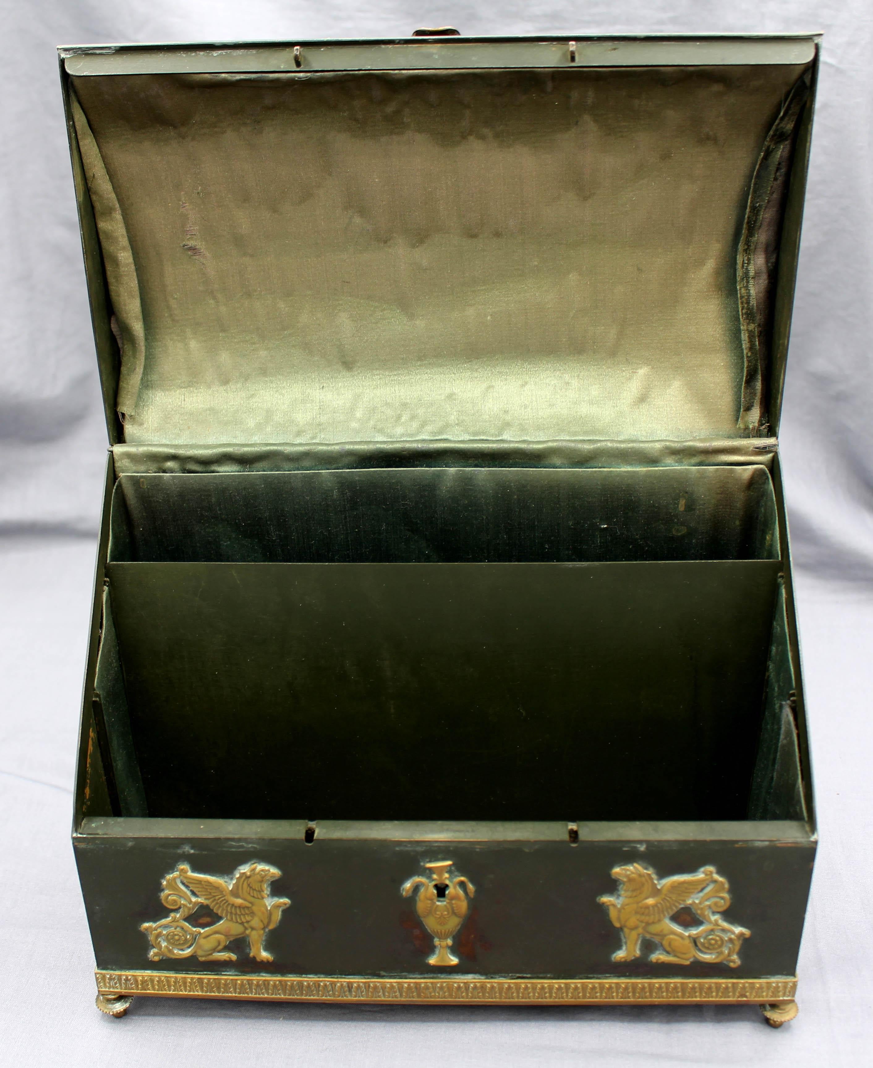 French circa 1870 bronze brass mounted letters box. Period Second Empire. Patinated bronze with superb quality brass Egyptian & Greco-Roman motif mounts, raised on troupe feet. Mounts lifting slightly on the sides.
9