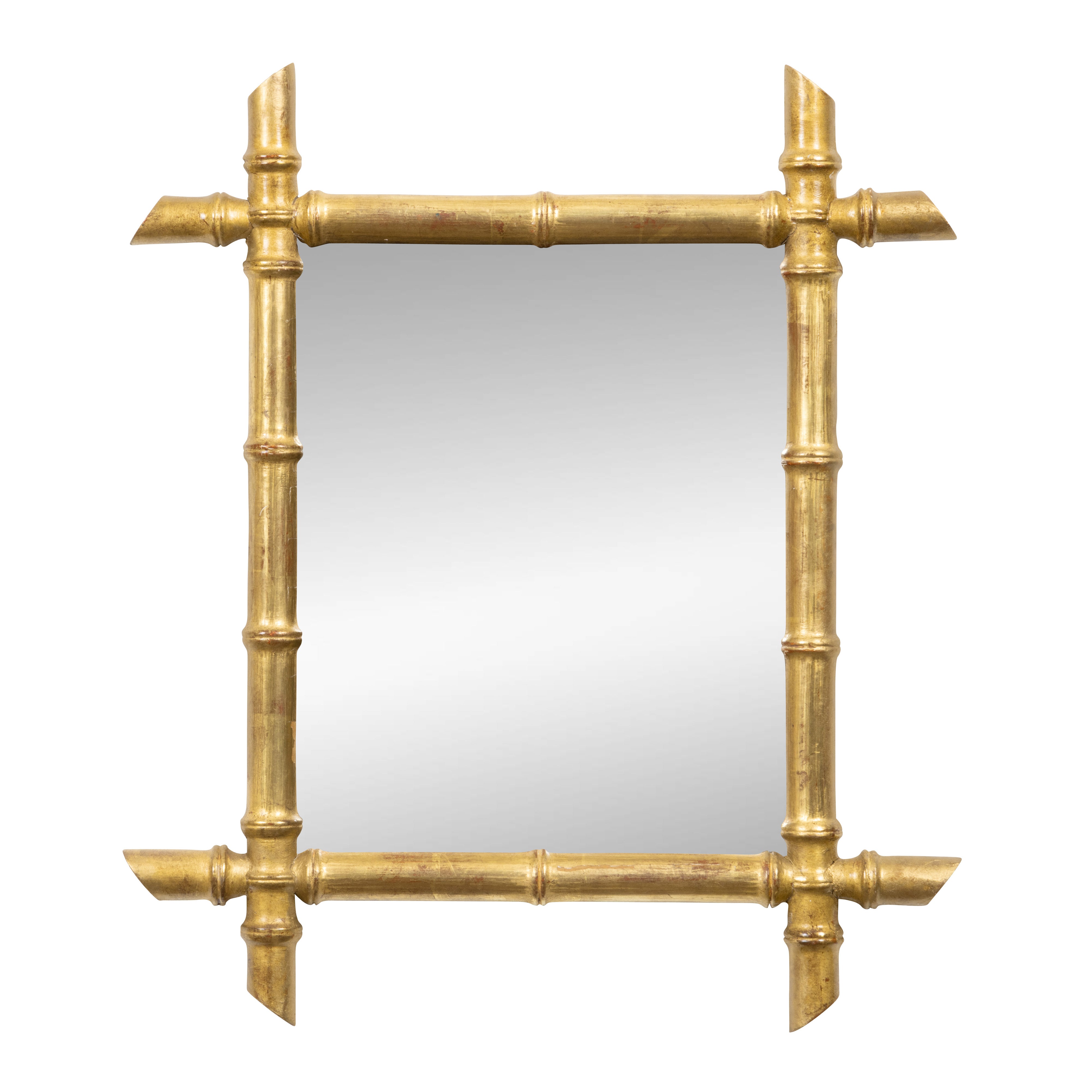 French Circa 1900 Gilt Faux Bamboo Wall Mirror with Angled Corner Details For Sale