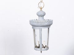 French Circa 1900 Painted Tôle Lantern with Pierced Crown and Three Lights