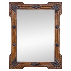 French Circa 1900 Tramp Art Carved Softwood Mirror with Geometric Carved Frame