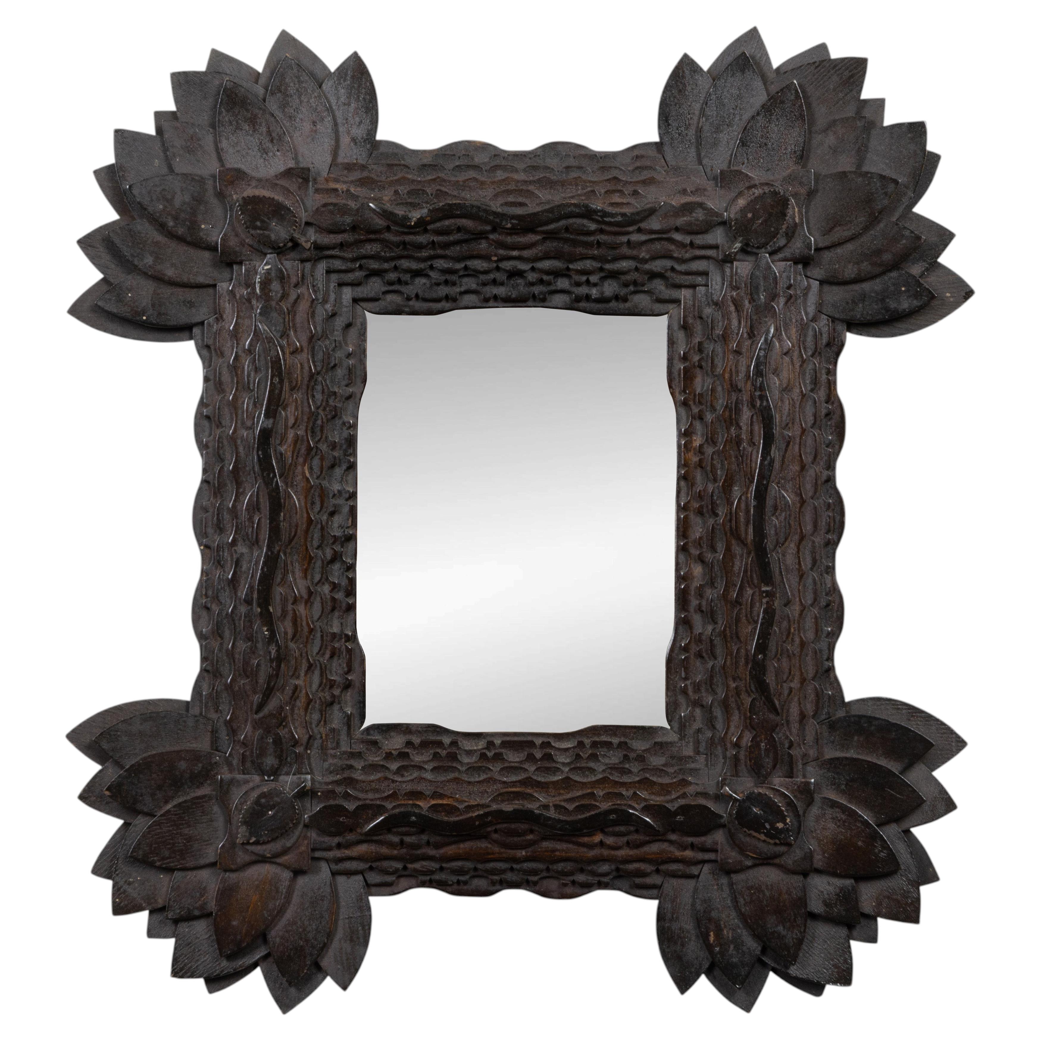French Circa 1900 Tramp Art Mirror with Carved Layered Floral Frame For Sale