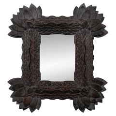French Circa 1900 Tramp Art Mirror with Carved Layered Floral Frame