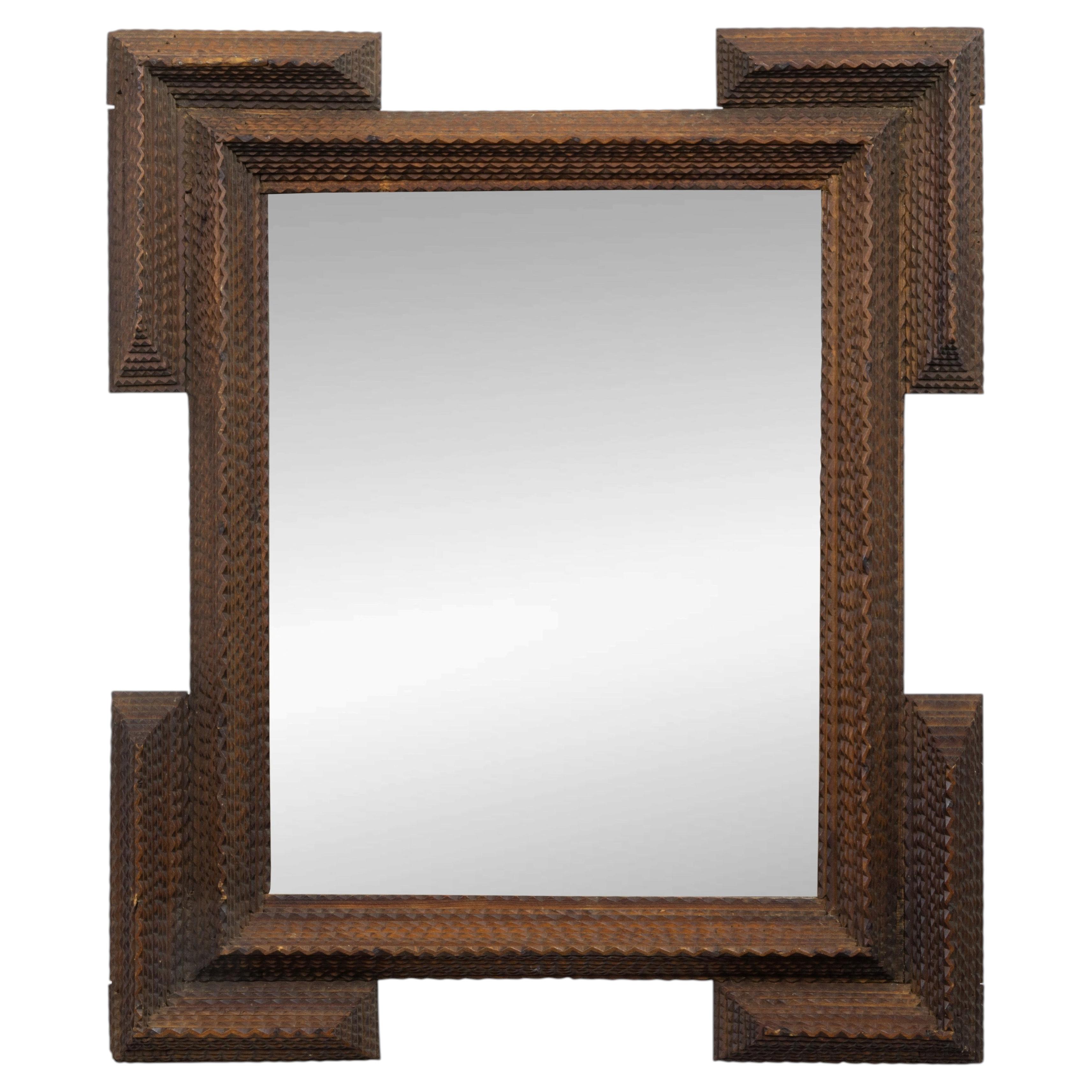 French Circa 1900 Tramp Art Mirror with Geometric Chip-Carved Frame