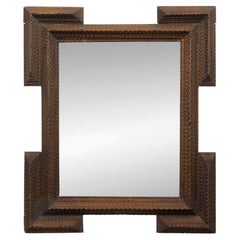 French Circa 1900 Tramp Art Mirror with Geometric Chip-Carved Frame