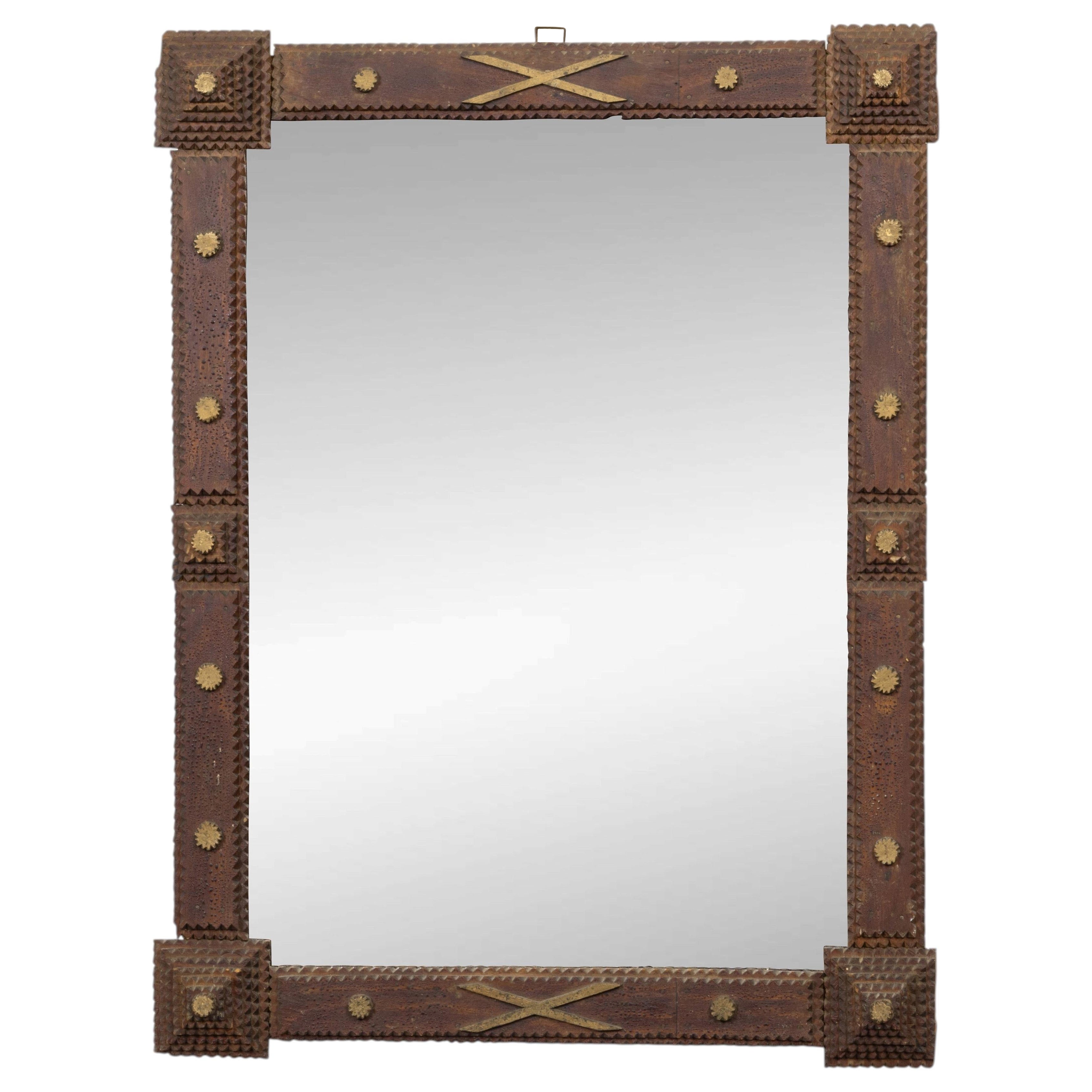 French Circa 1900 Tramp Art Mirror with Gilt Accents and Chip