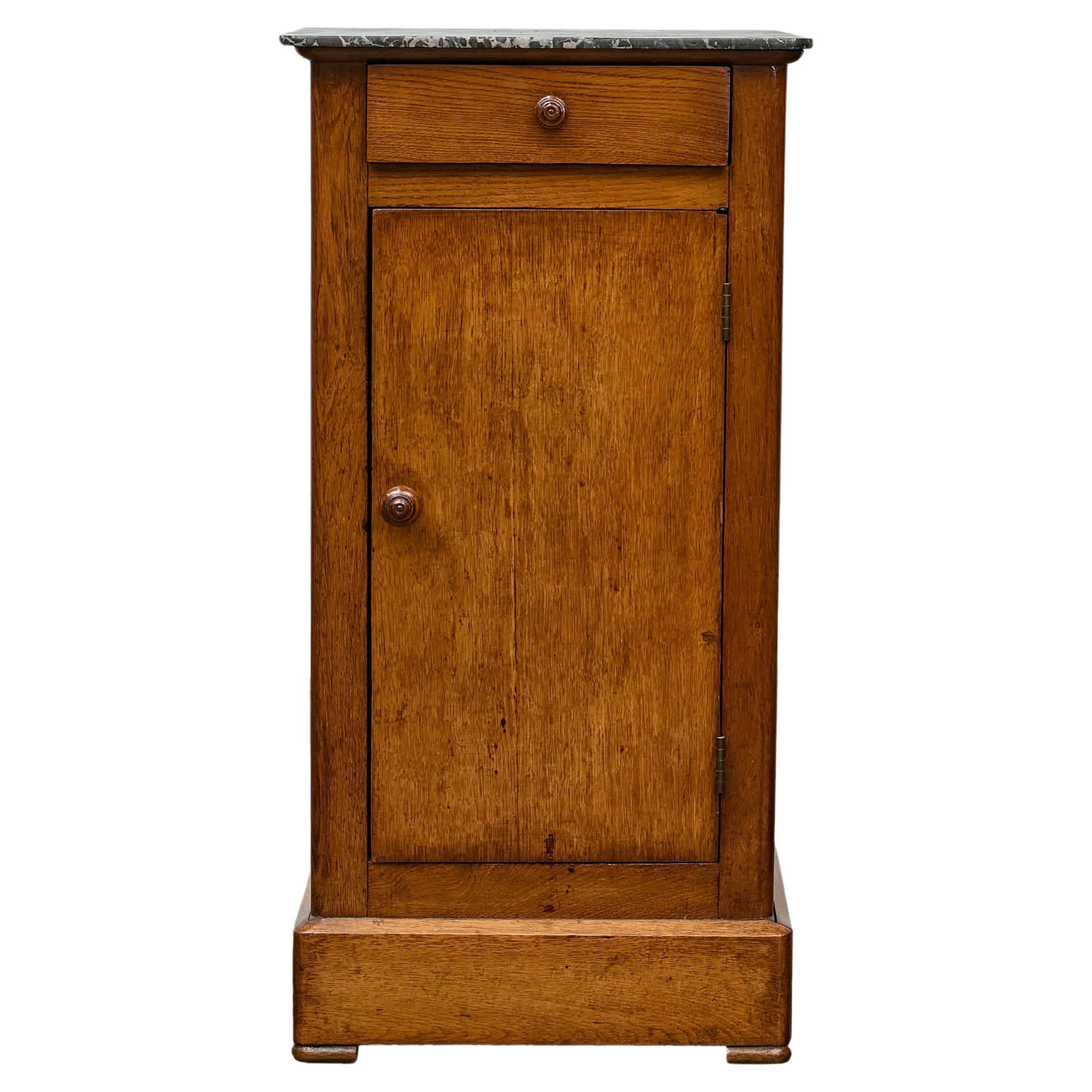 French Circa 1900 Walnut Small Cabinet with Marble Top and Single Door Storage For Sale