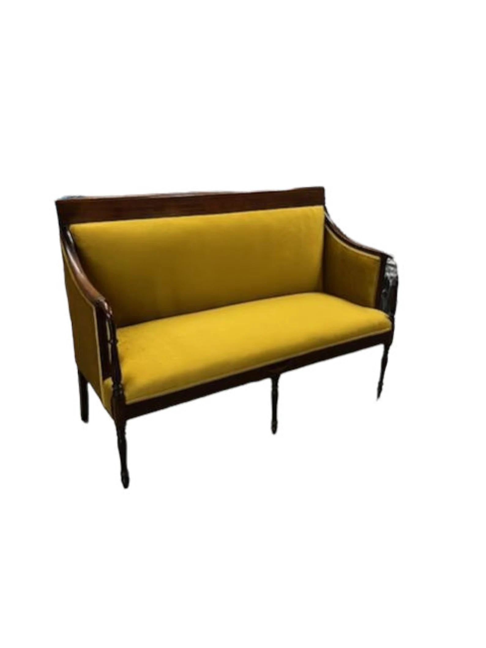 French circa 1900’s Restored Mahogany Settee Gold Yellow Velvet In Good Condition In Hudson, NY