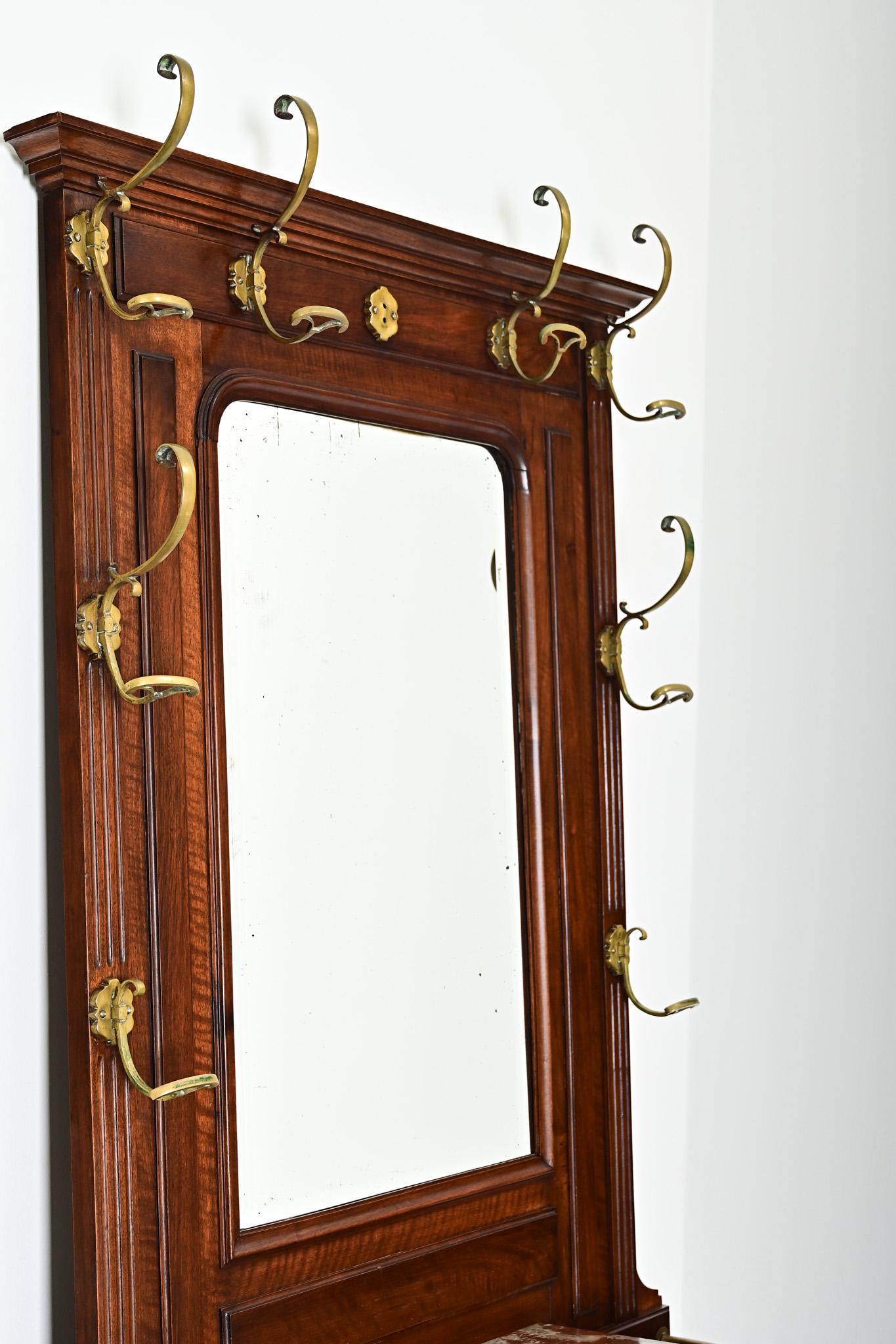 Brass French Circa 1920 Mahogany Vestiare Hall Rack For Sale