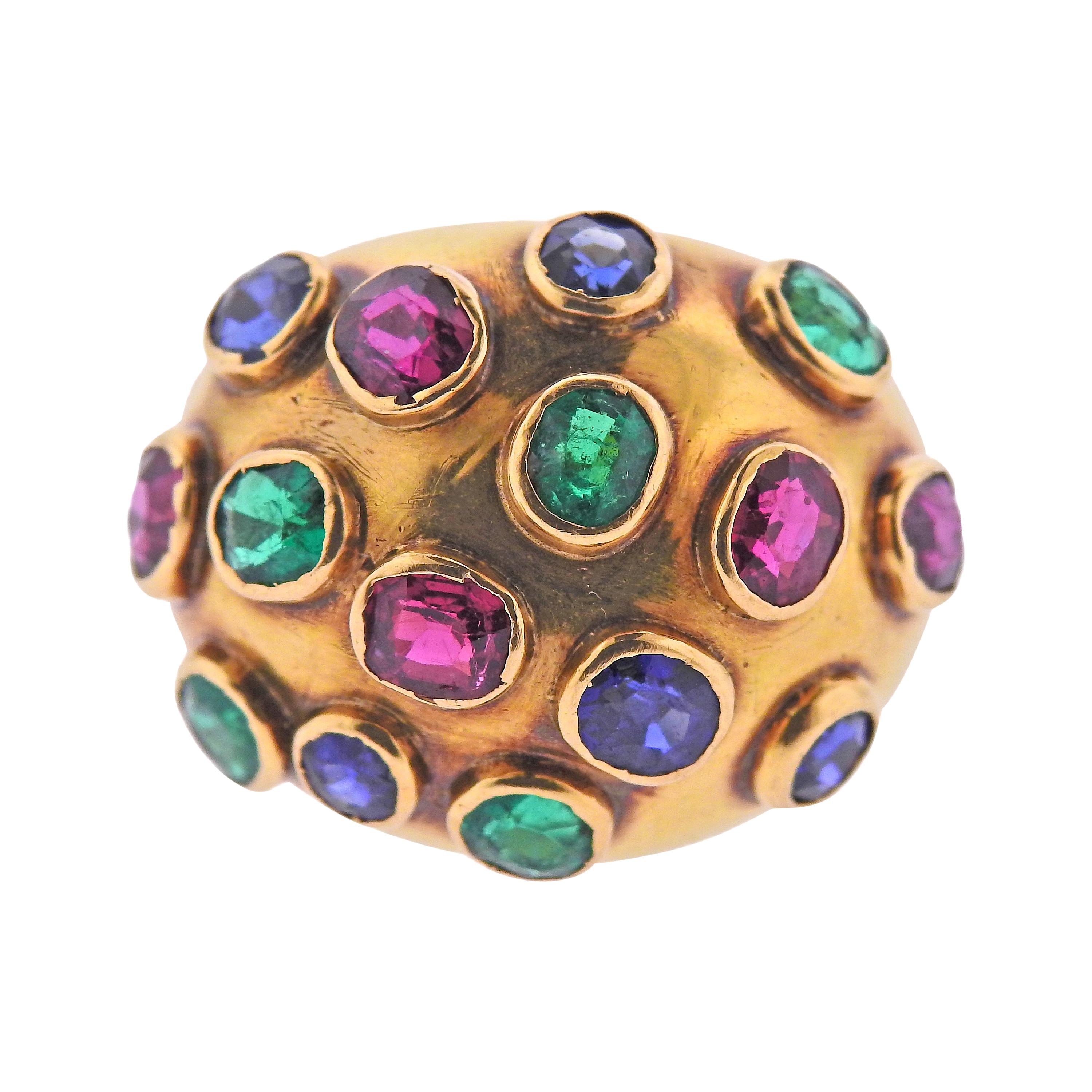 French Circa 1930s Emerald Sapphire Ruby Gold Dome Ring