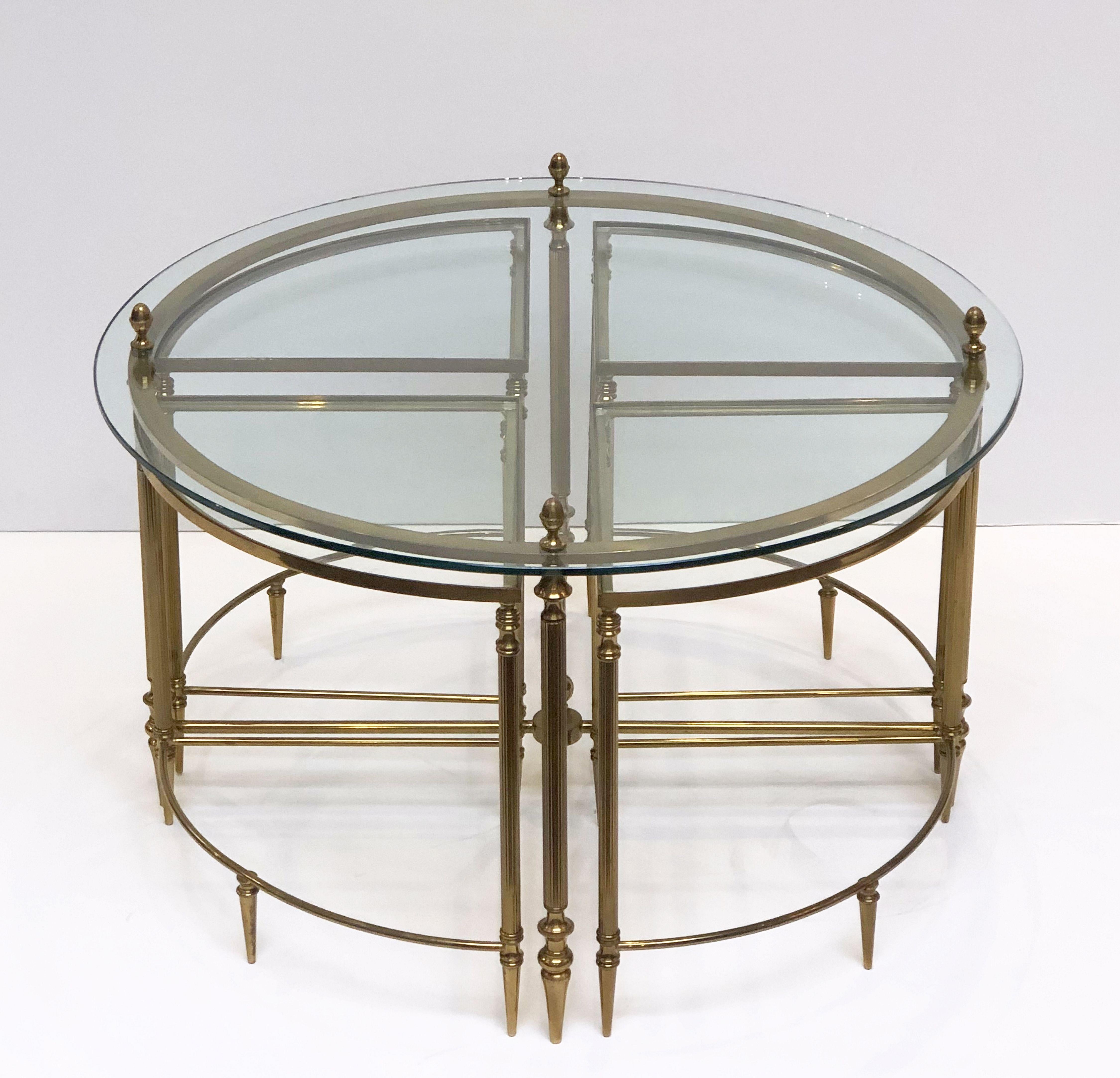 French Circular Glass and Brass Low Table with Four Wedge Nesting Under-Tables 3