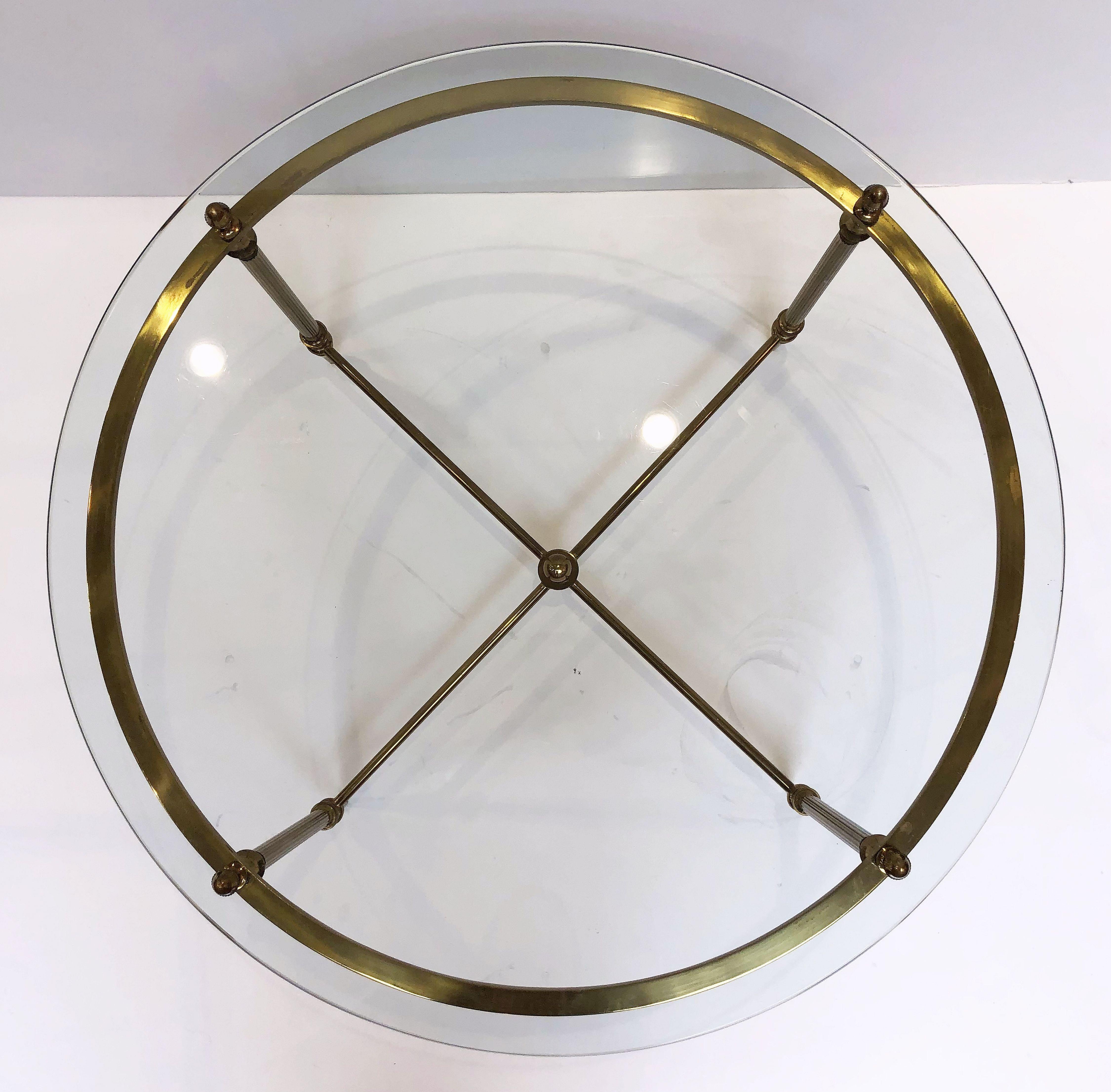 French Circular Glass and Brass Low Table with Four Wedge Nesting Under-Tables 5