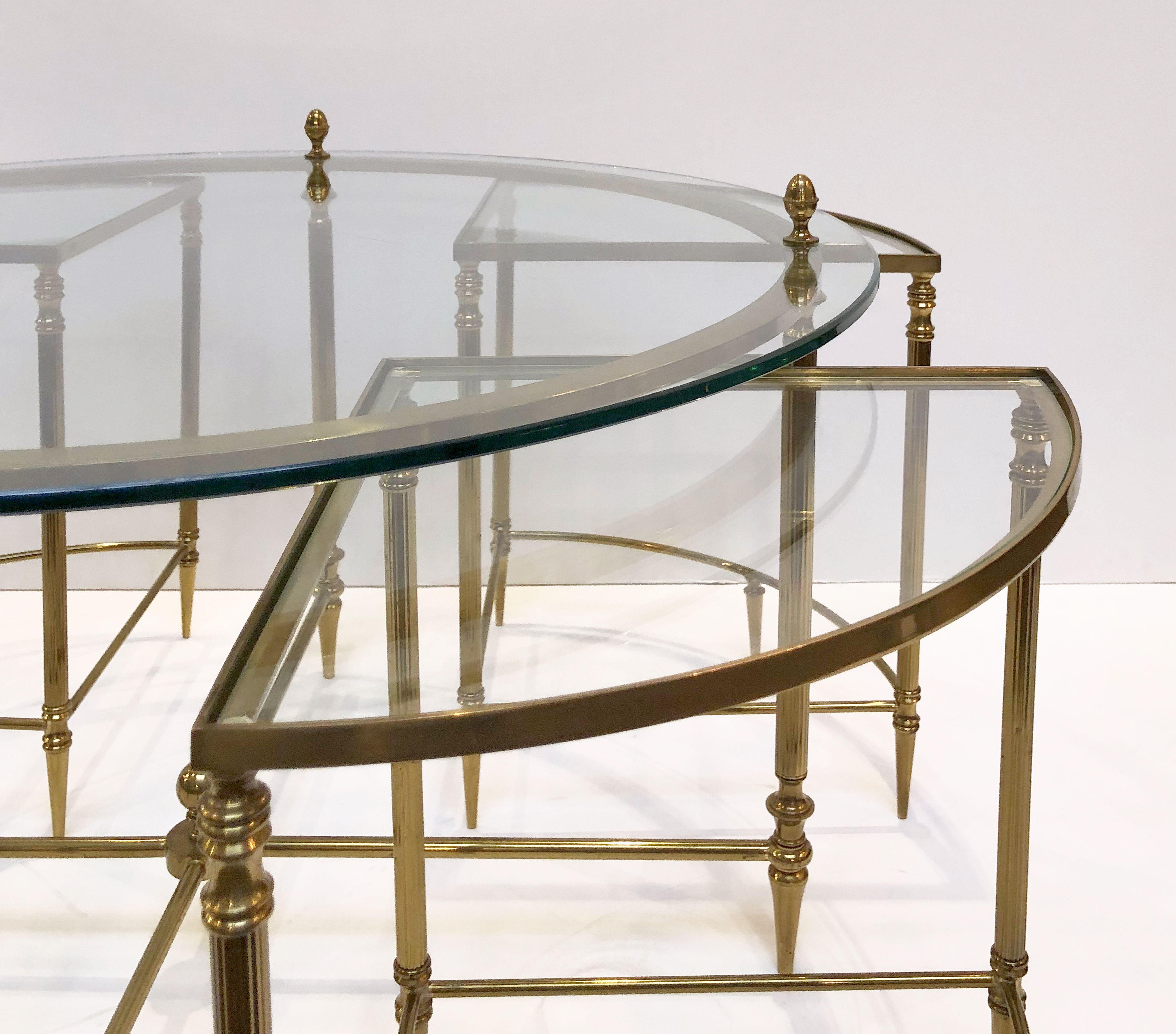 French Circular Glass and Brass Low Table with Four Wedge Nesting Under-Tables 6
