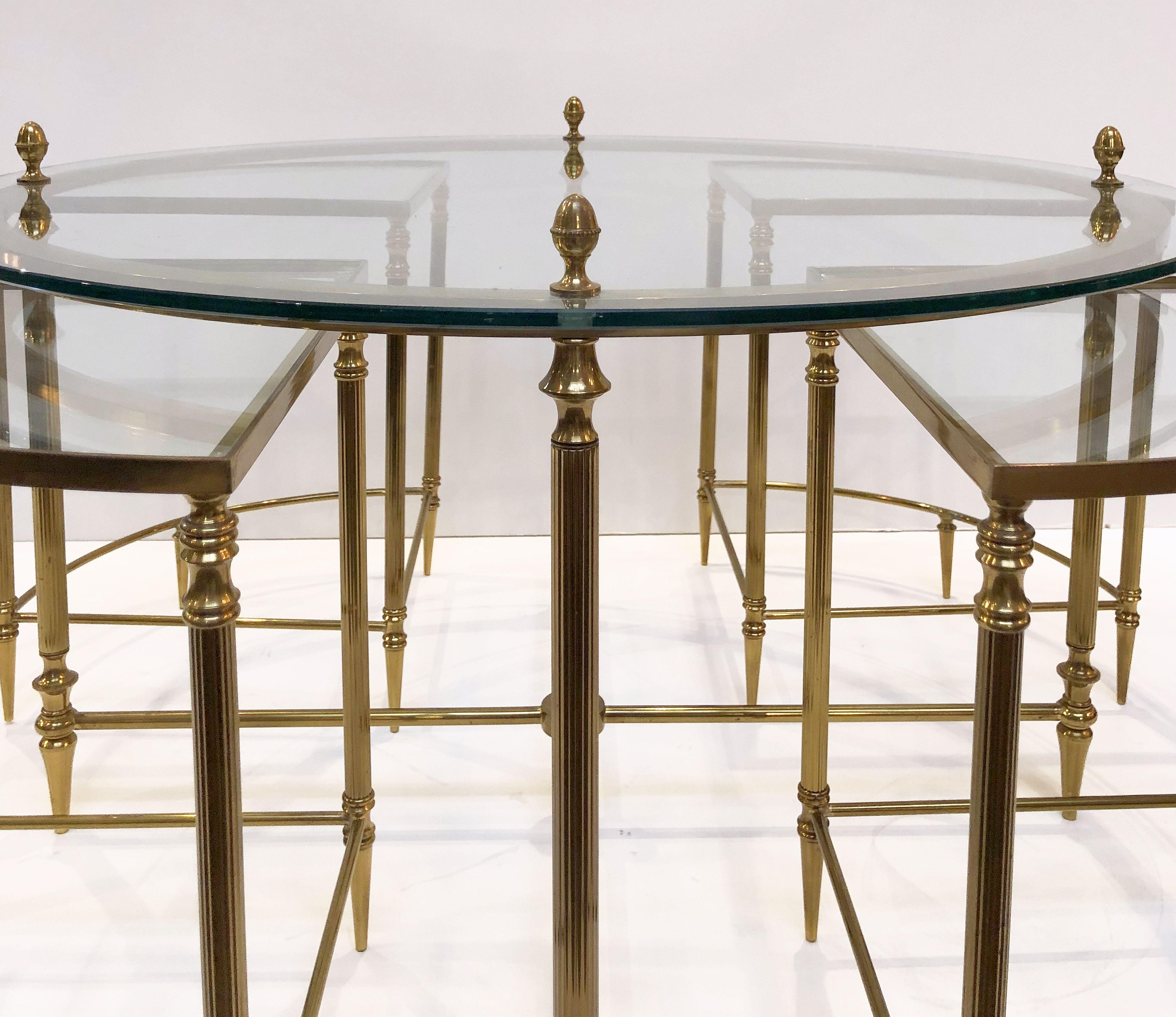 French Circular Glass and Brass Low Table with Four Wedge Nesting Under-Tables 7