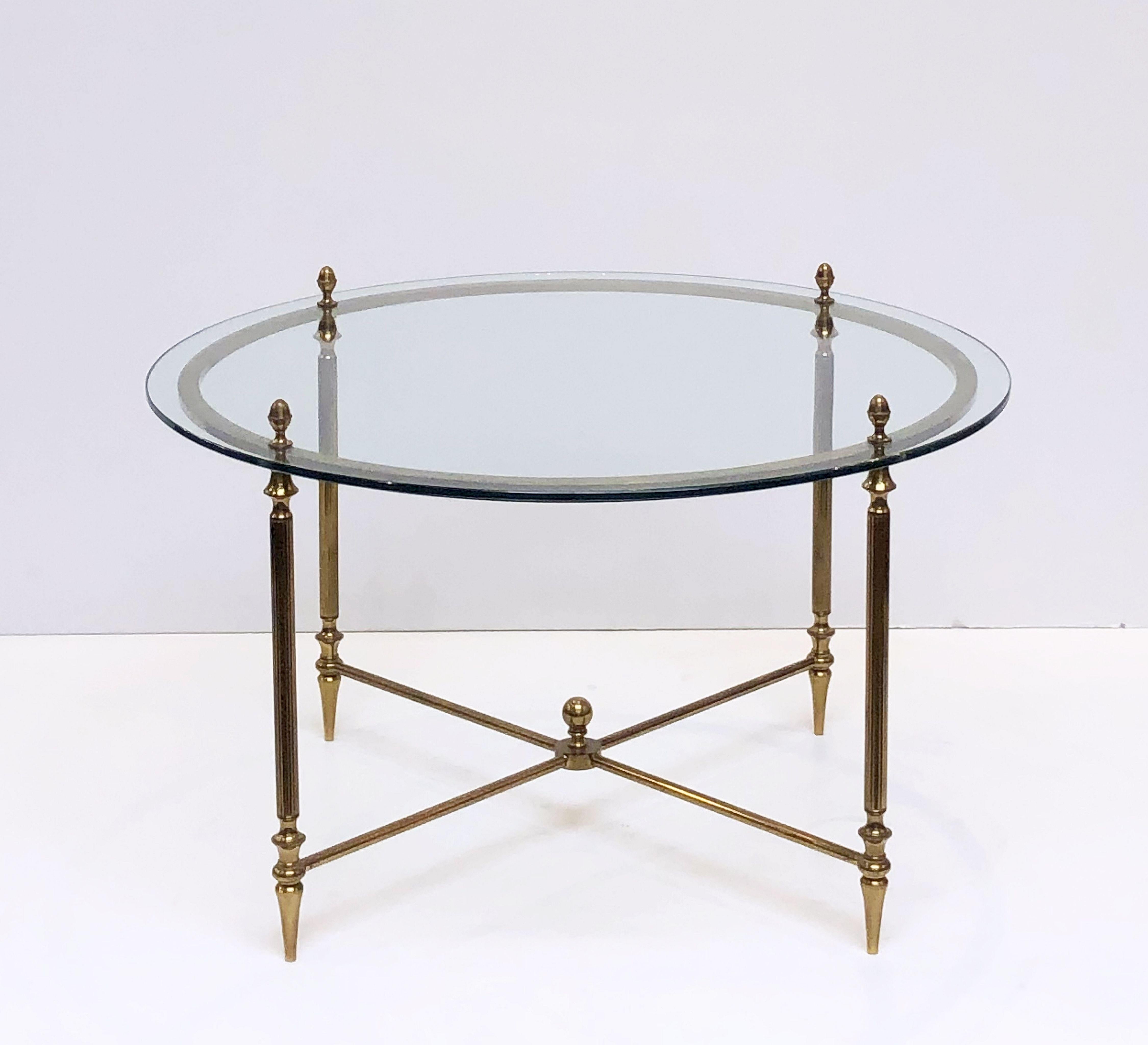 French Circular Glass and Brass Low Table with Four Wedge Nesting Under-Tables 8