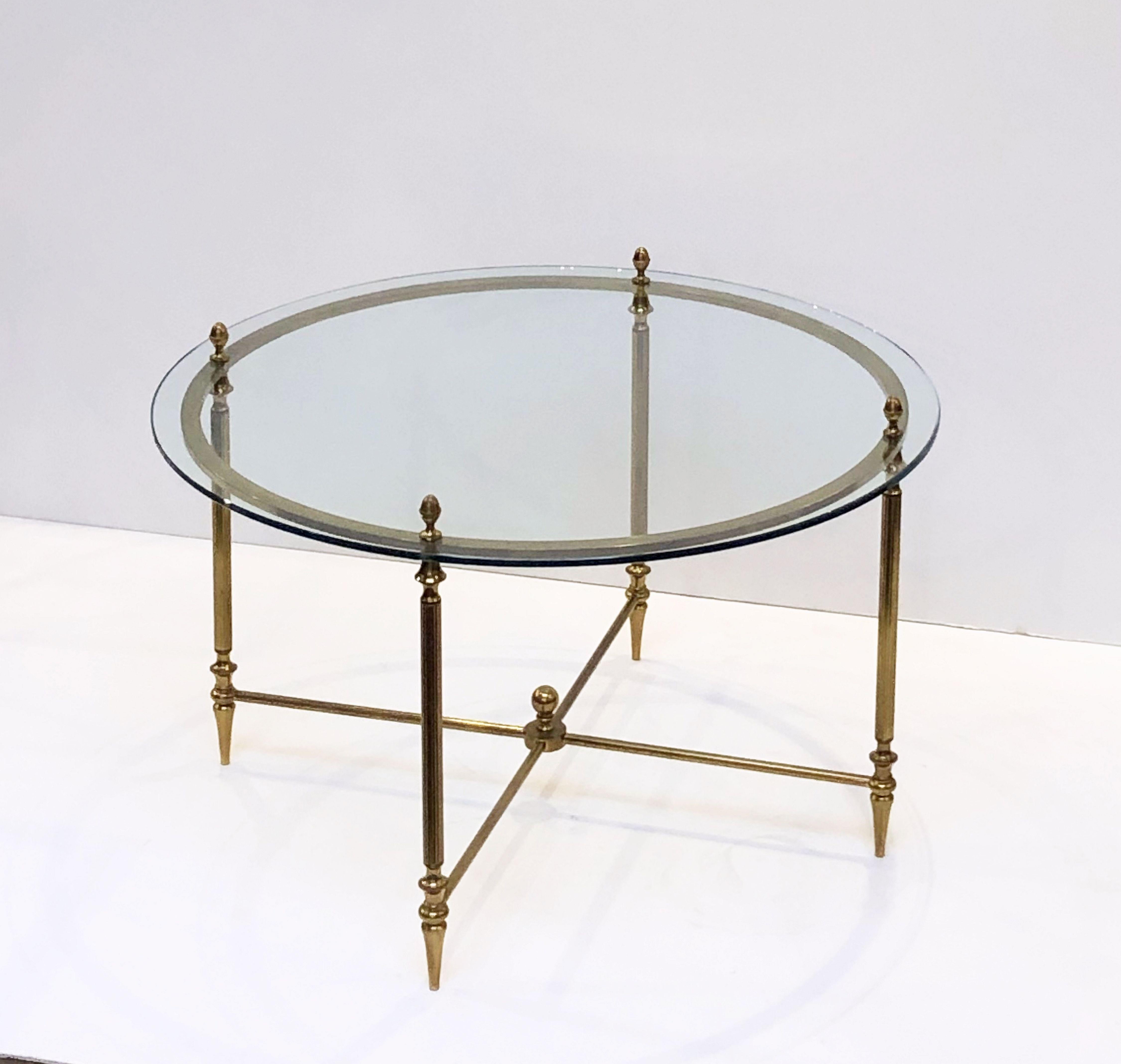 French Circular Glass and Brass Low Table with Four Wedge Nesting Under-Tables 9