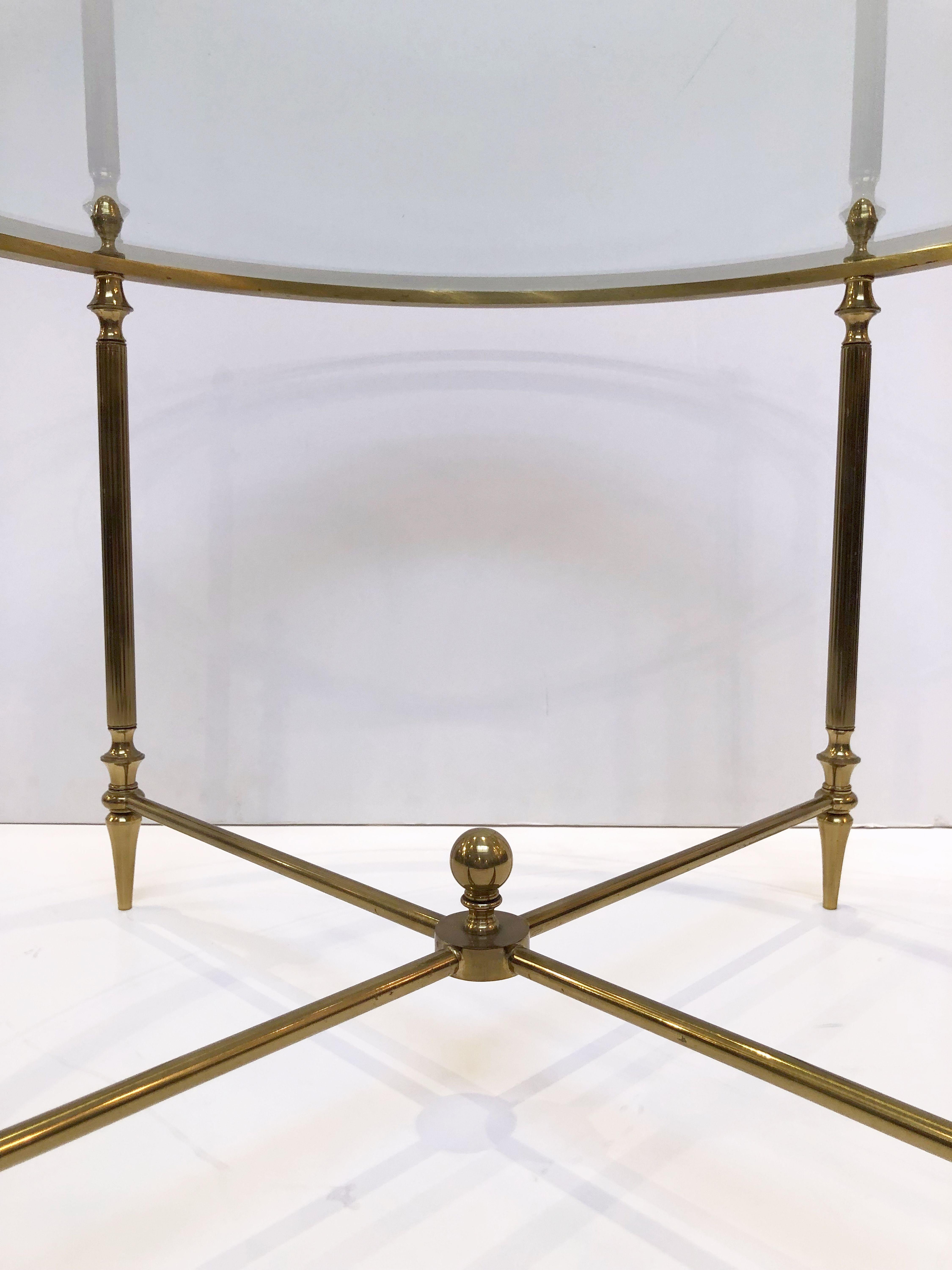 French Circular Glass and Brass Low Table with Four Wedge Nesting Under-Tables 12